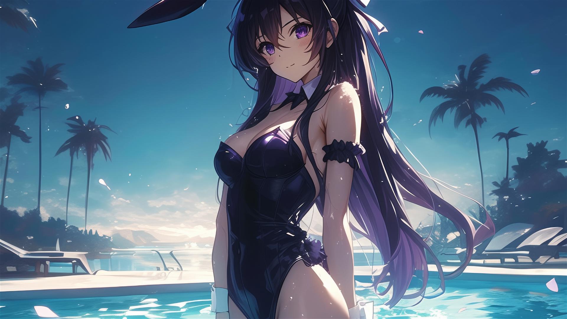 Tohka Yatogami in pool under moonlight, dark-purple hair and eyes, bunny girl style
