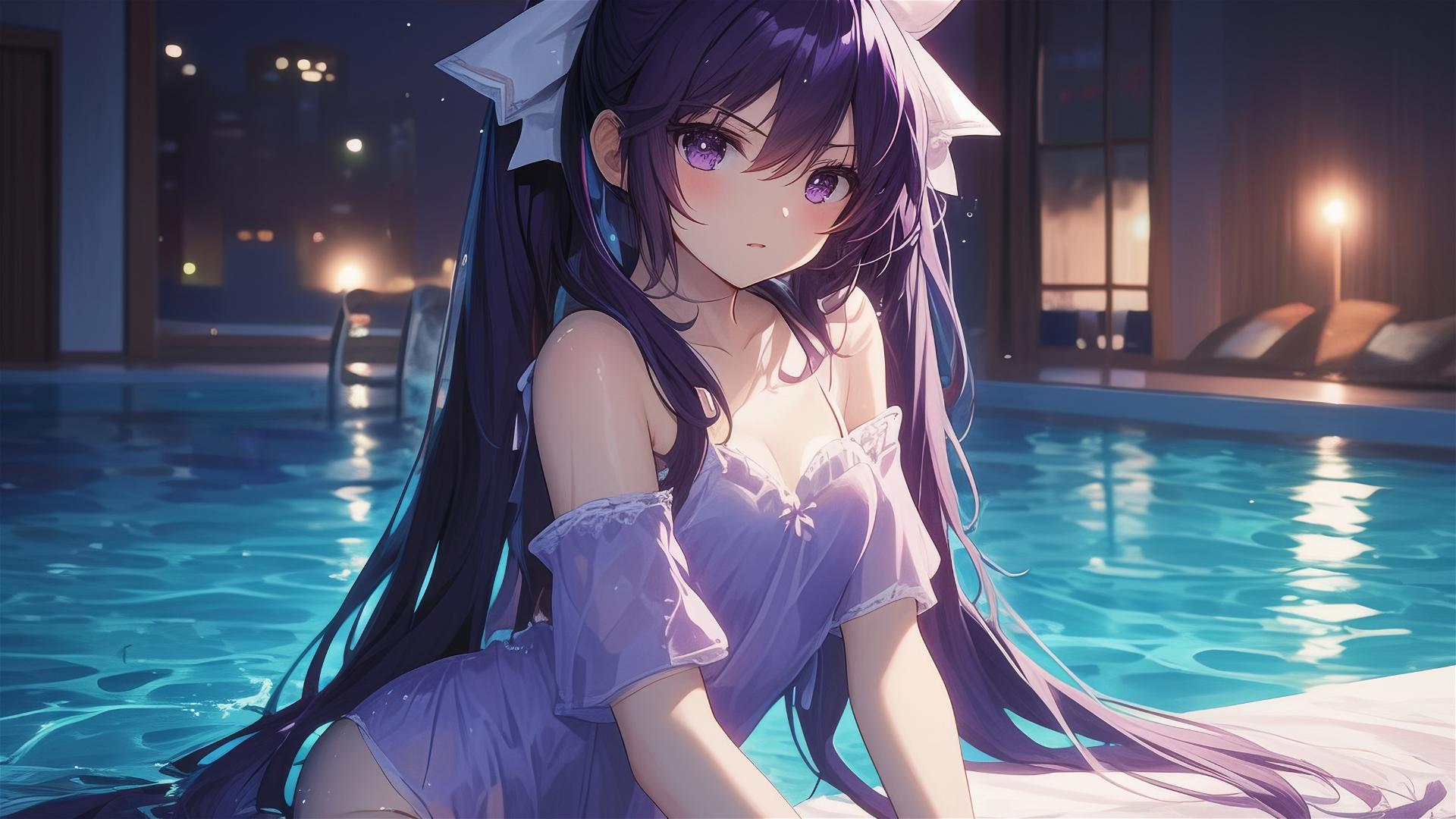 Tohka Yatogami swimming in moonlit pool with dark-purple hair and eyes