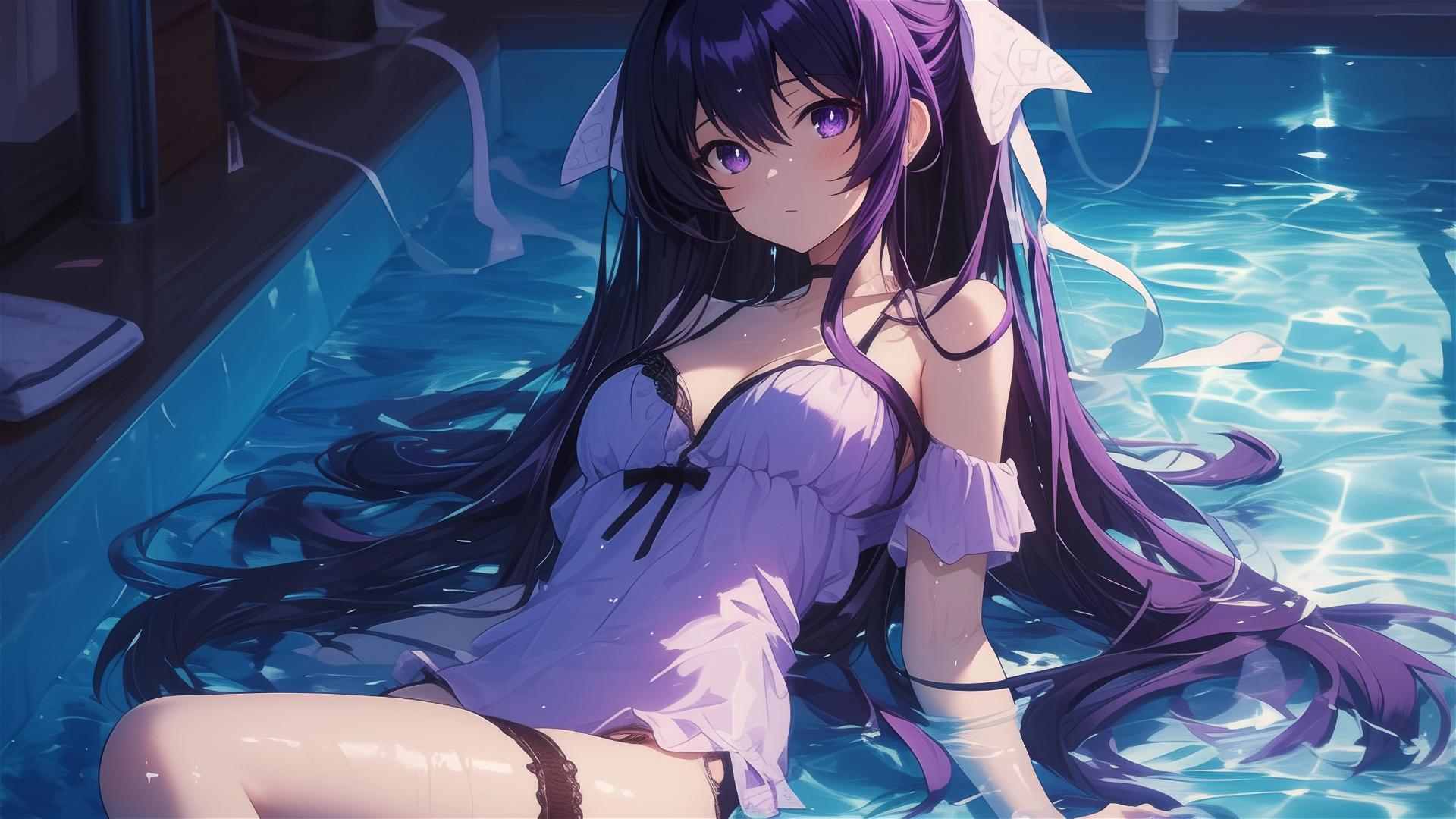 Tohka Yatogami swimming in moonlit pool with dark purple hair and eyes
