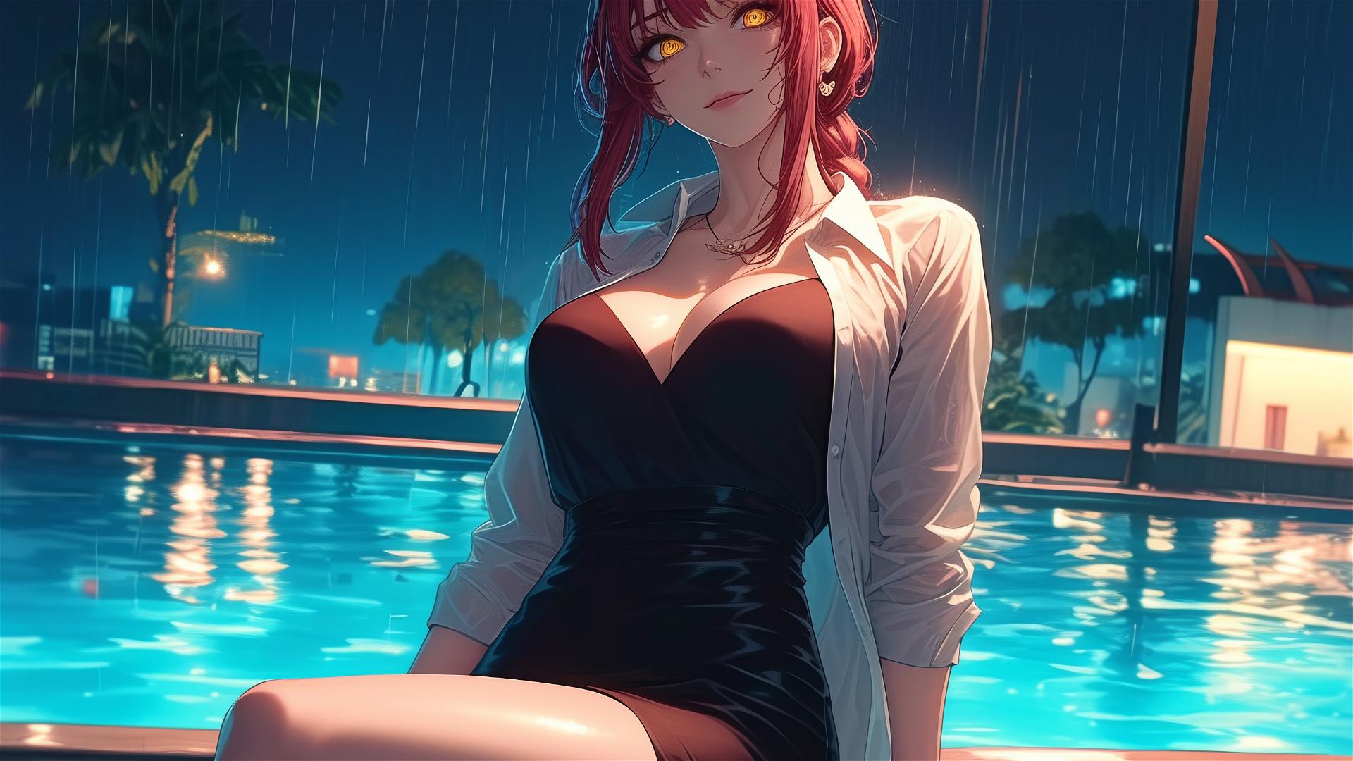 Makima from Chainsaw Man resting by pool in rain, moonlit red hair & heels