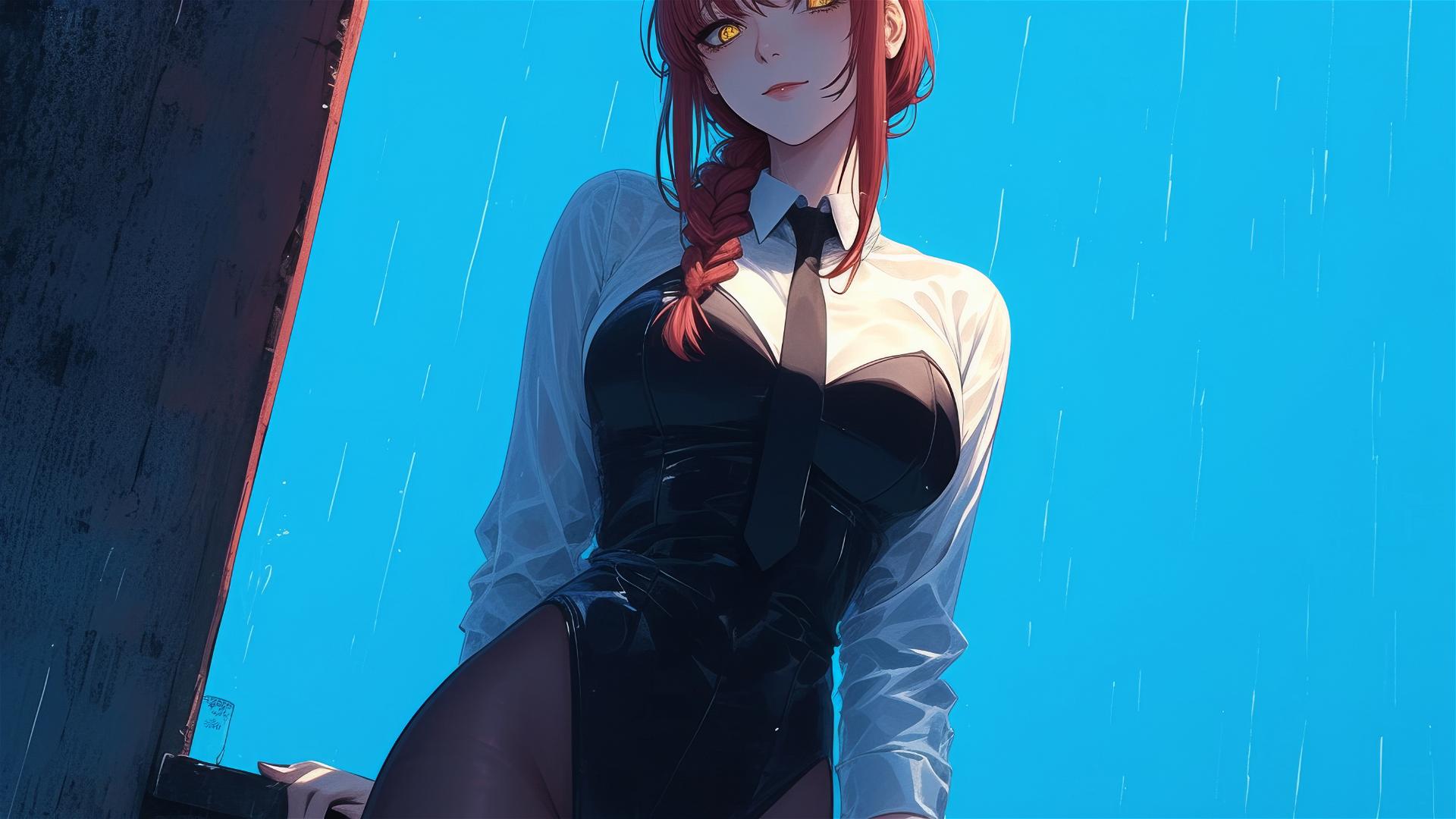 Makima from Chainsaw Man stands on a rooftop in the rain, moonlit with red hair and heels, in bunny girl style.