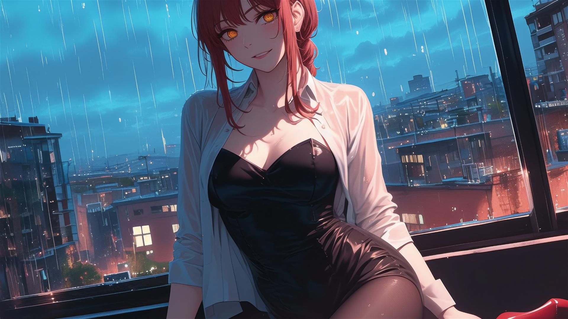 Makima in bunny girl style on rooftop with red hair and heels in moonlit rain
