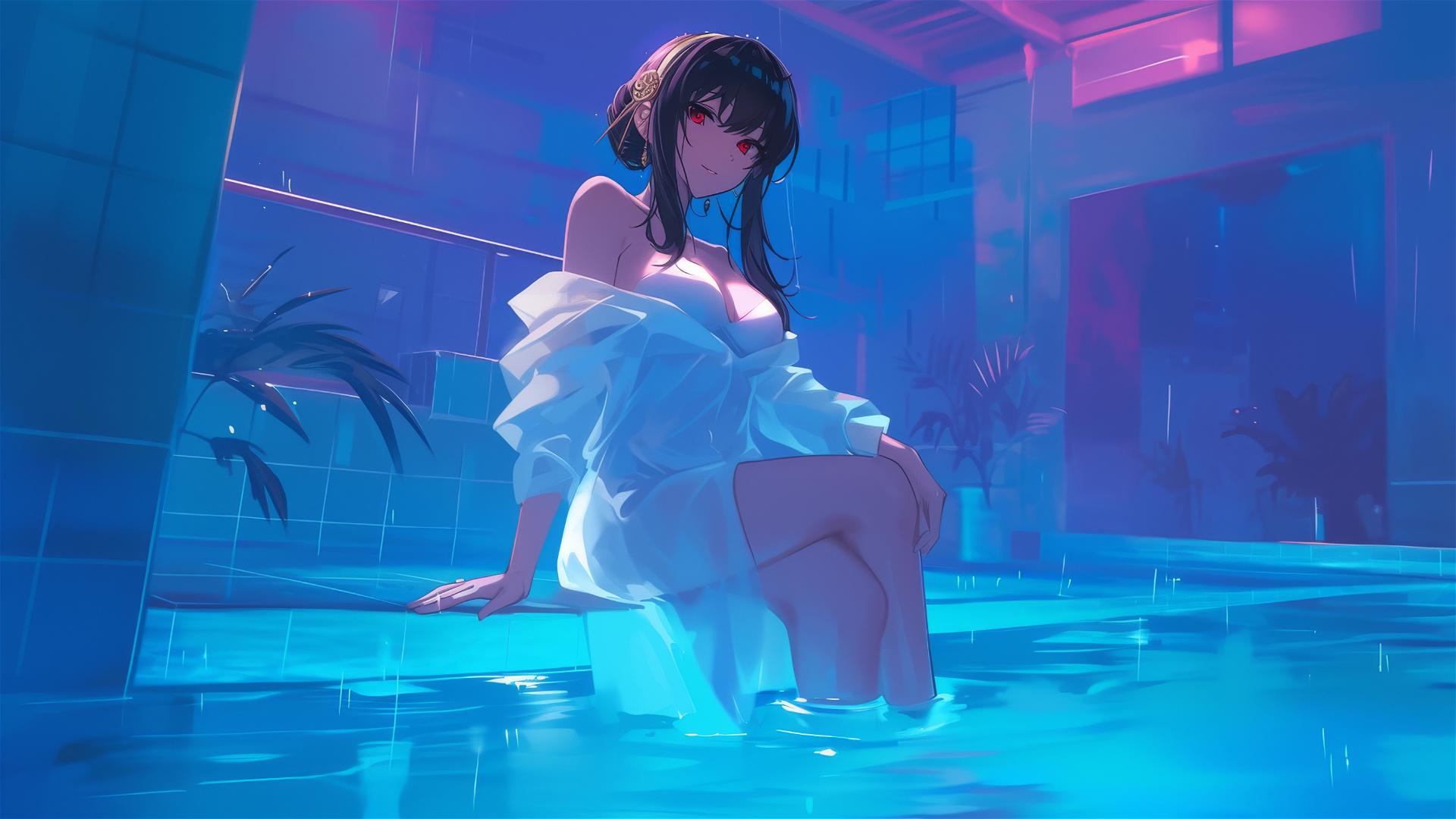 Yor Forger in bunny girl outfit with moonlight reflection in a pool on a rainy day