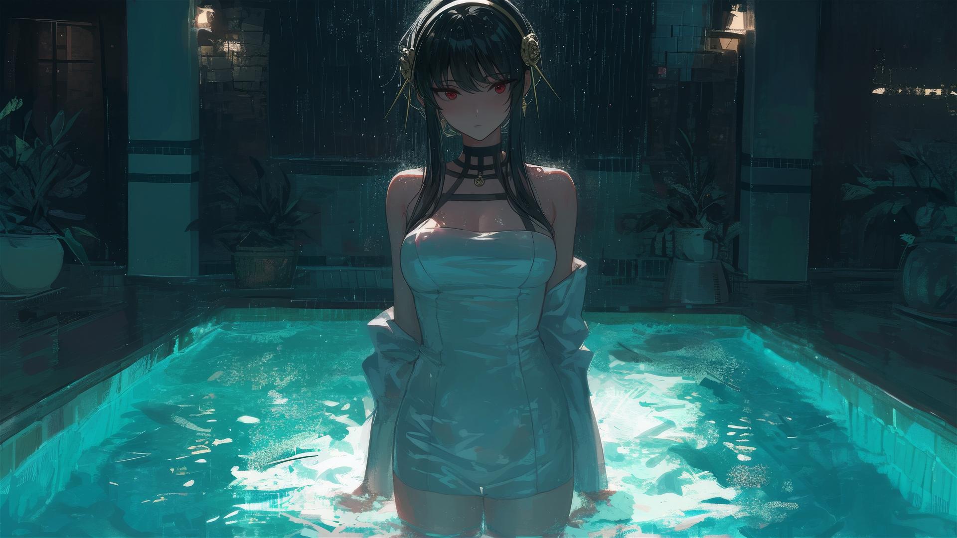 Yor Forger as a bunny girl in a white outfit standing in a pool under moonlight on a rainy day