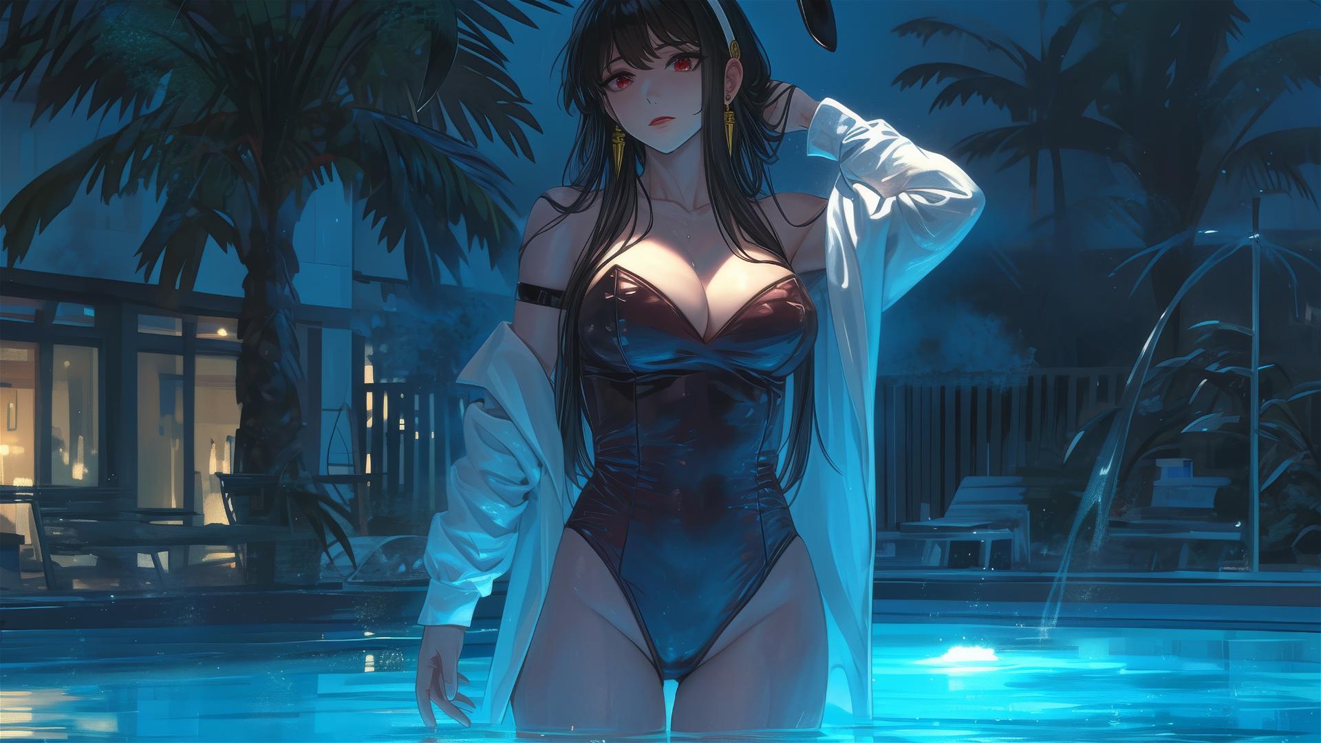 Yor Forger from Spy x Family in a bunny girl outfit in the moonlit pool on a rainy day, dressed in white