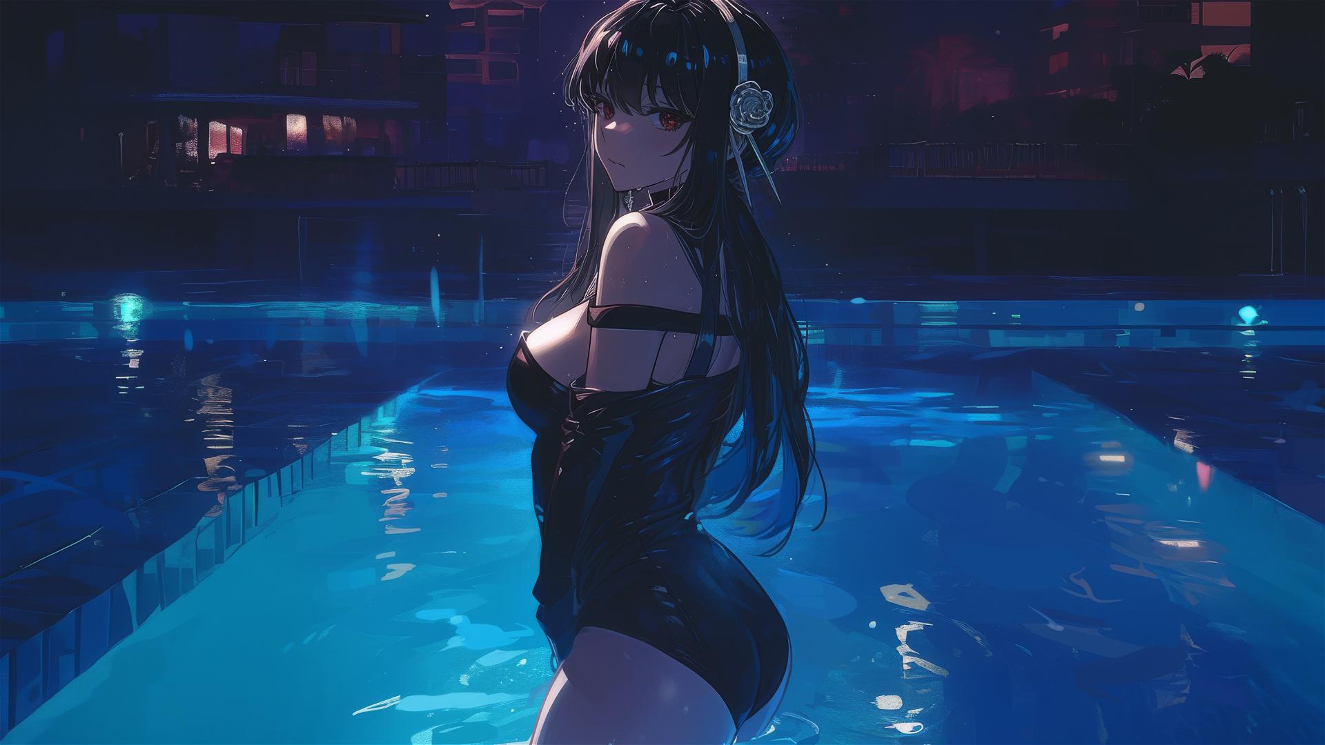Yor Forger from Spy x Family in bunny girl style in a pool under moonlight