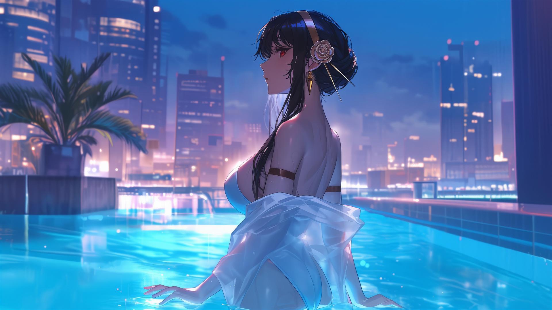 Yor Forger as a bunny girl in a pool with moonlight and rain