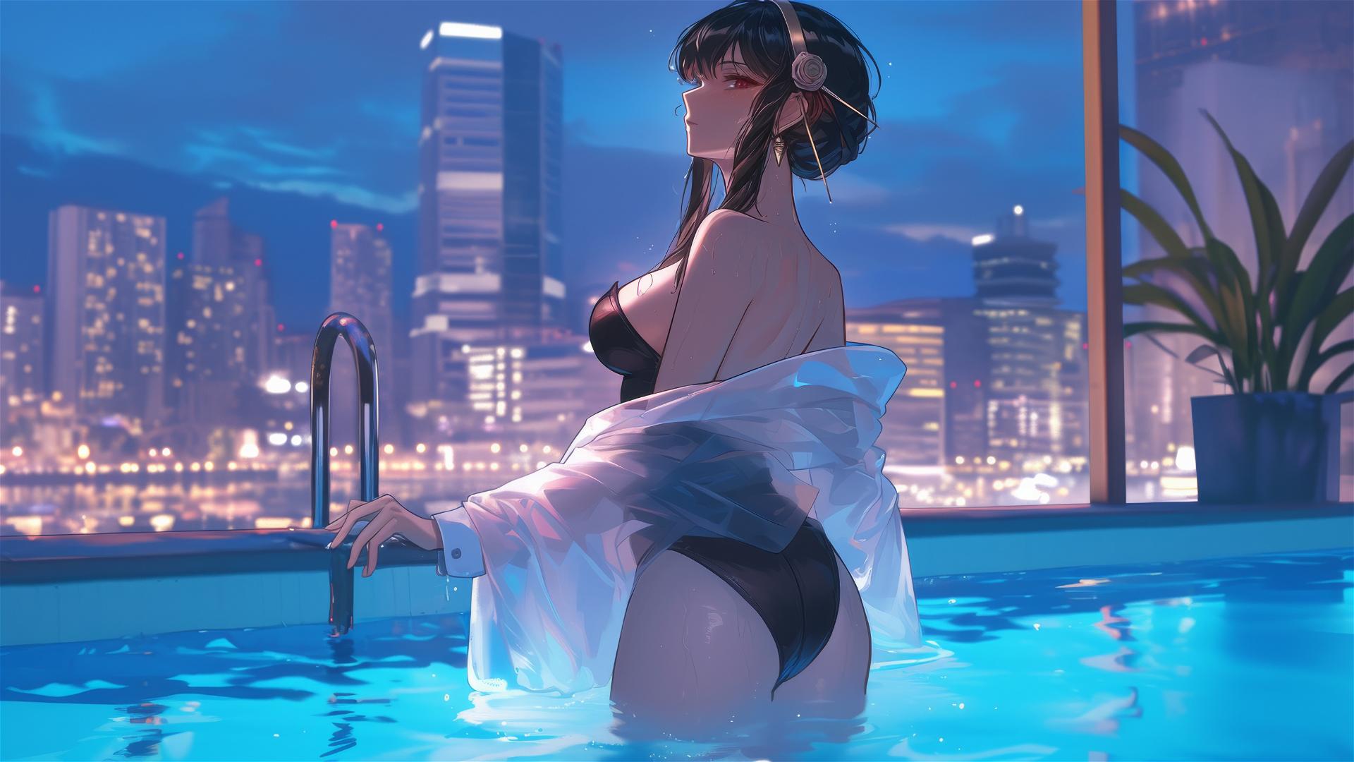 Yor Forger from Spy x Family in bunny girl style, white dress, in pool under moonlight on rainy day.