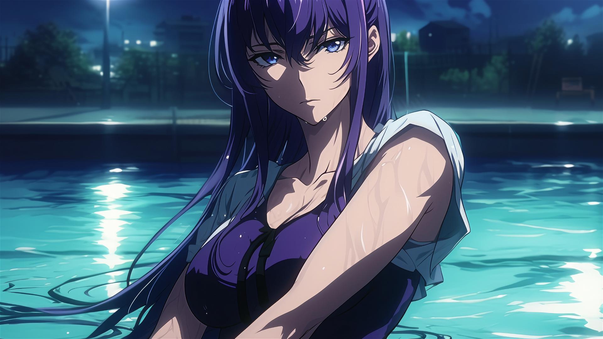 Saeko Busujima resting in a pool under moonlight with shiny purple hair and blue eyes