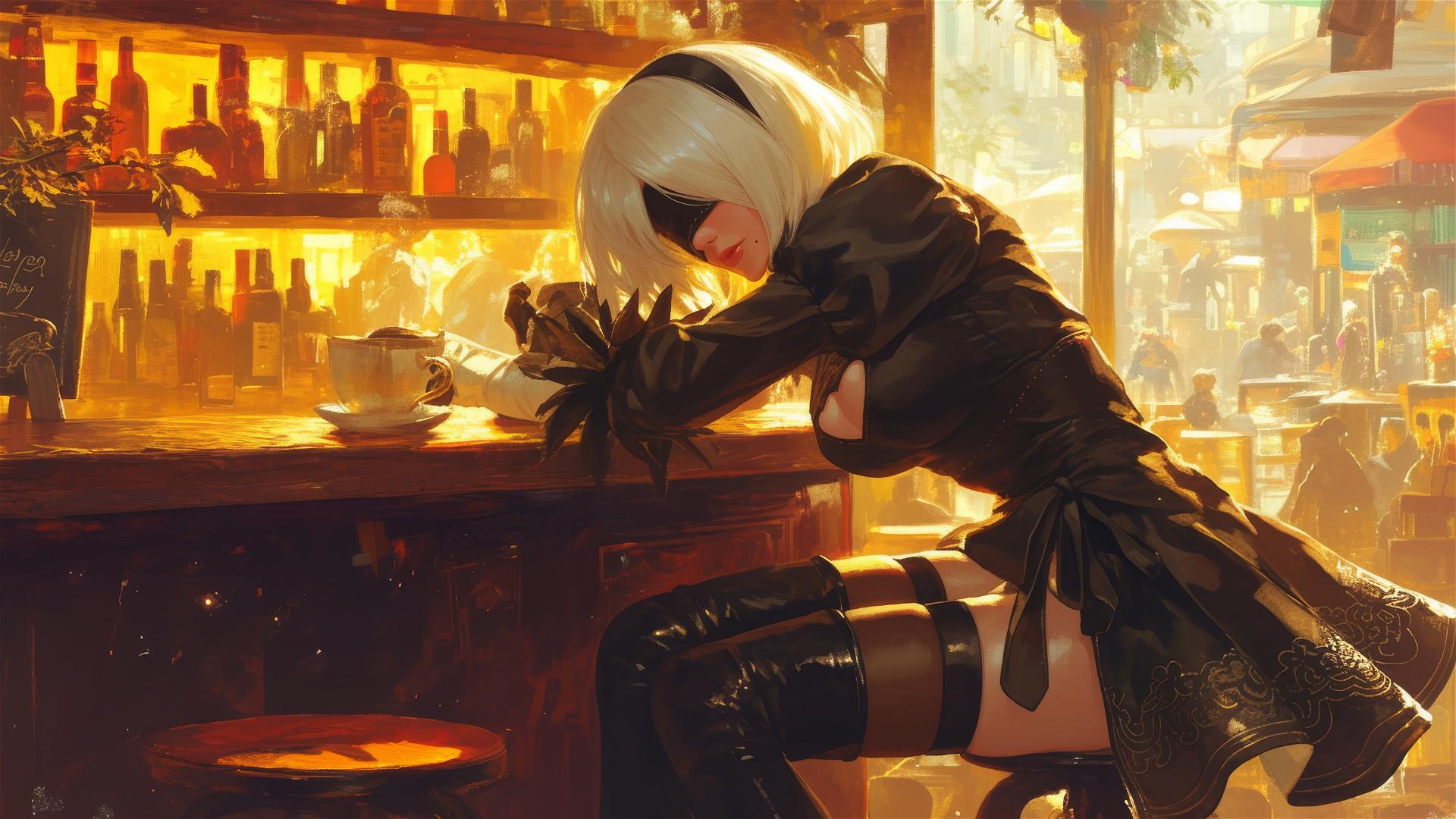 2B from Nier sitting in a bar setting