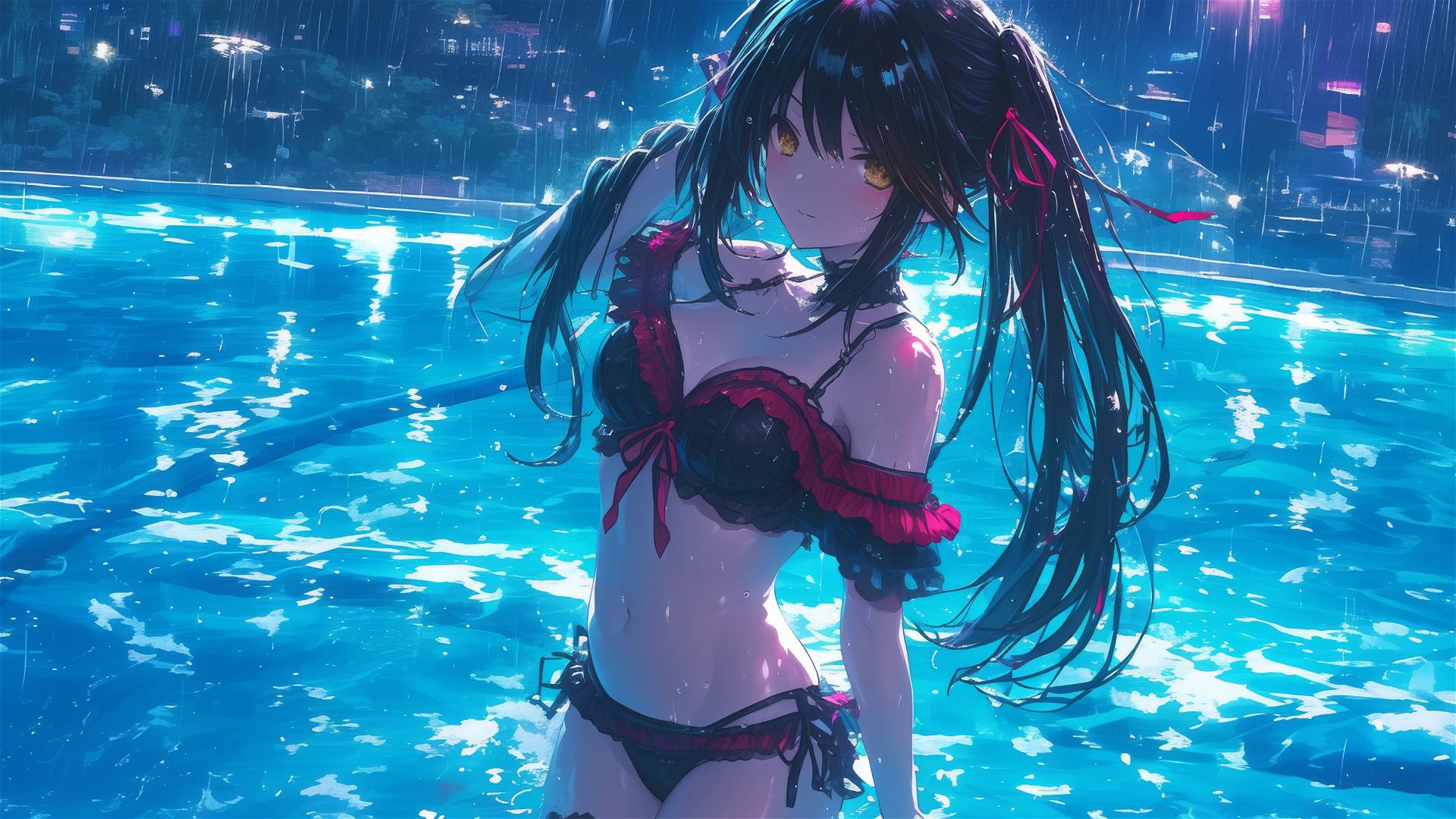 Kurumi Tokisaki from Date A Live standing in a moonlit rainy swimming pool