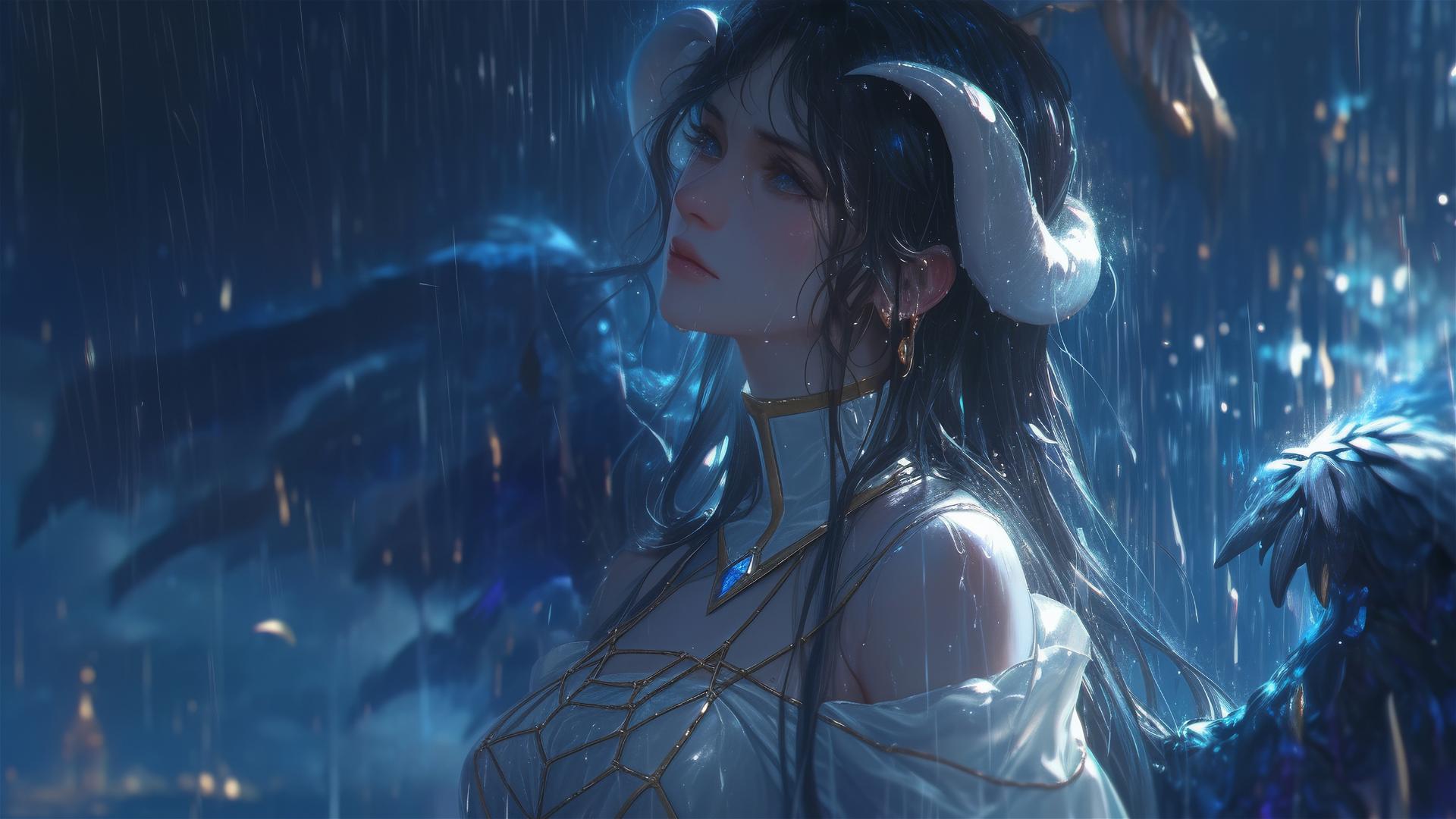 Albedo from Overlord in bunny girl pose in the rain with moonlight glow, super realistic