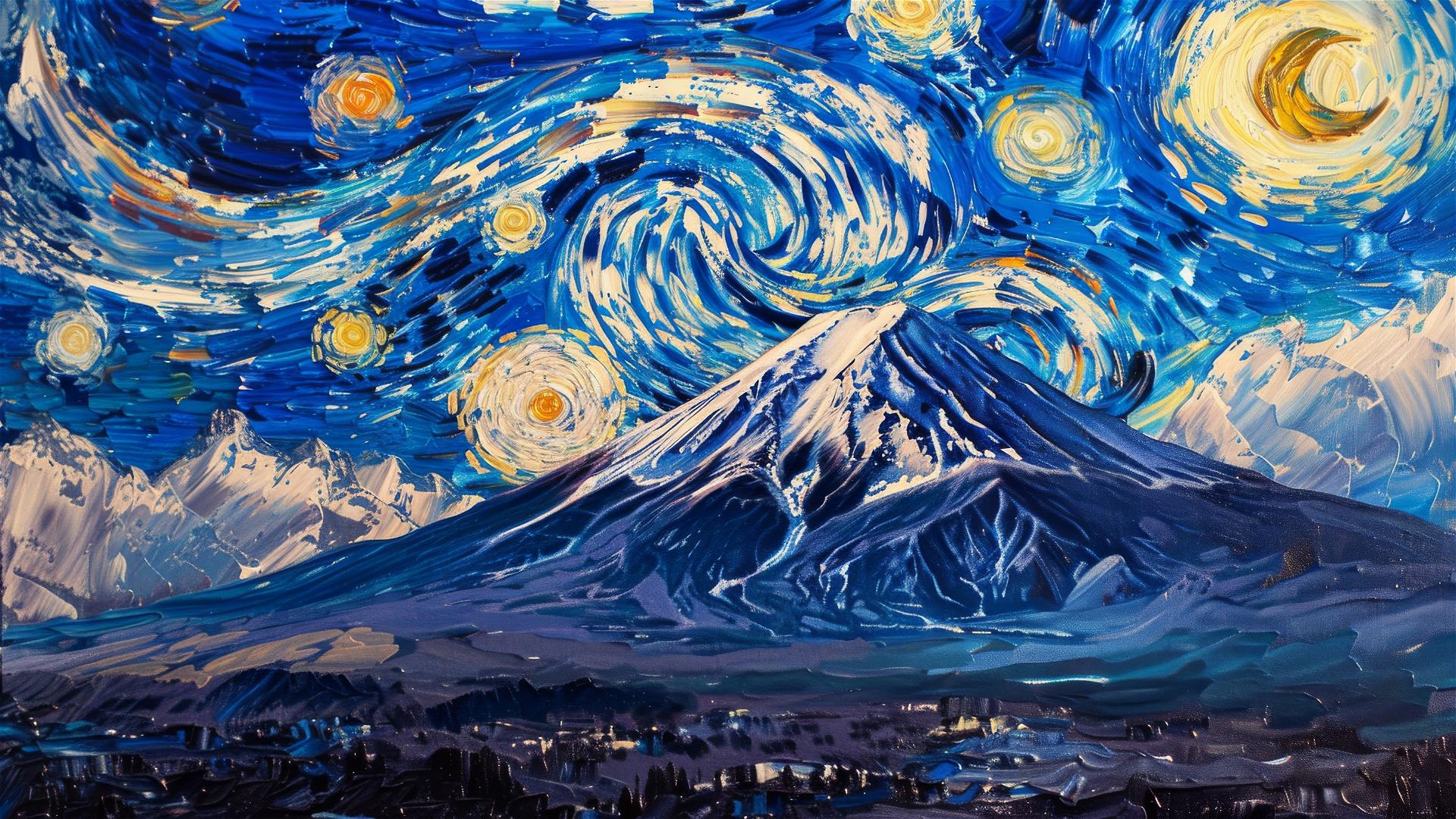 Mount Kilimanjaro at dawn with van Gogh's Starry Night sky