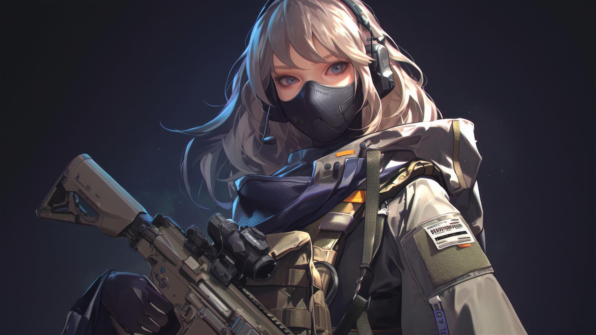 Tactical school girl with masked face and thigh focus in dynamic pose