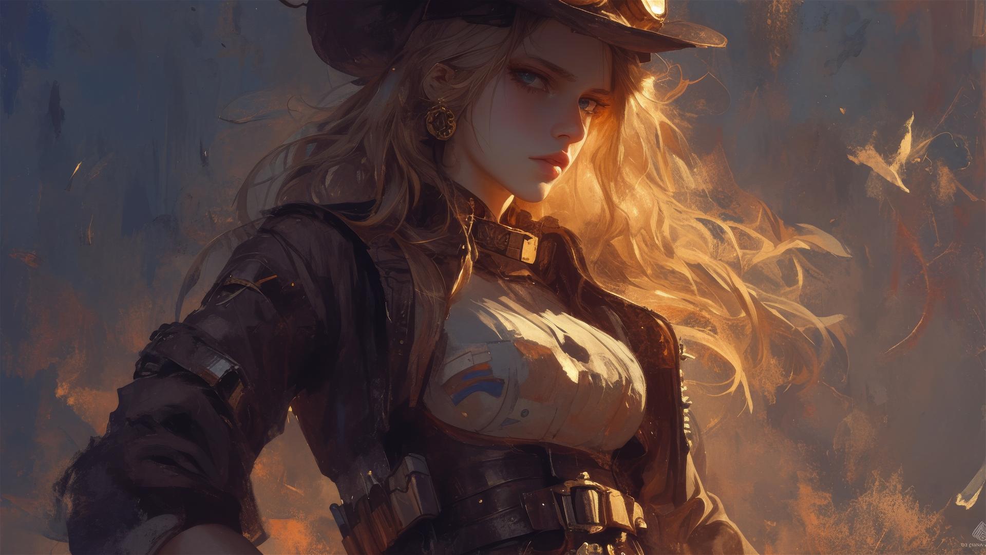 Steampunk girl in dynamic pose with thigh focus on dark background