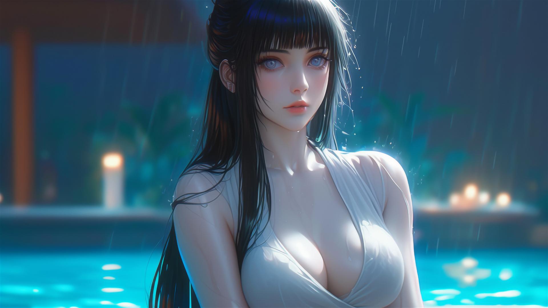 Hinata Hyuga from Naruto resting by a pool in moonlit rain