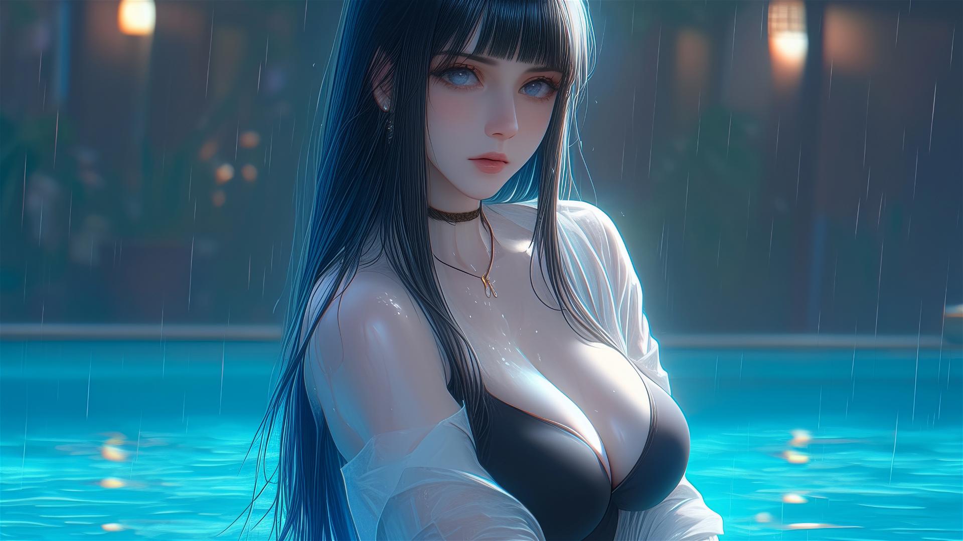 Hinata Hyuga resting by a moonlit rainy pool