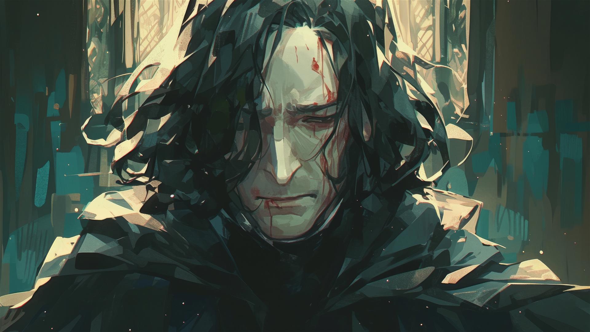 Illustration of Severus Snape with dark background and spotlight effect