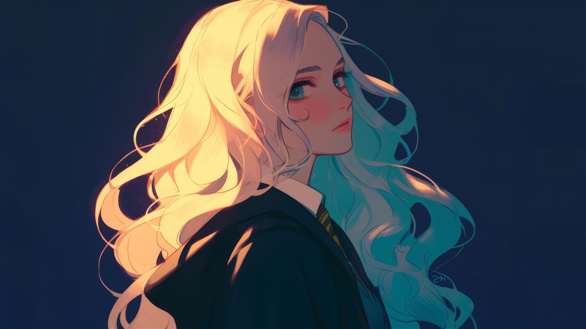 Artistic illustration of Luna Lovegood from Harry Potter with dark background and spotlight effect