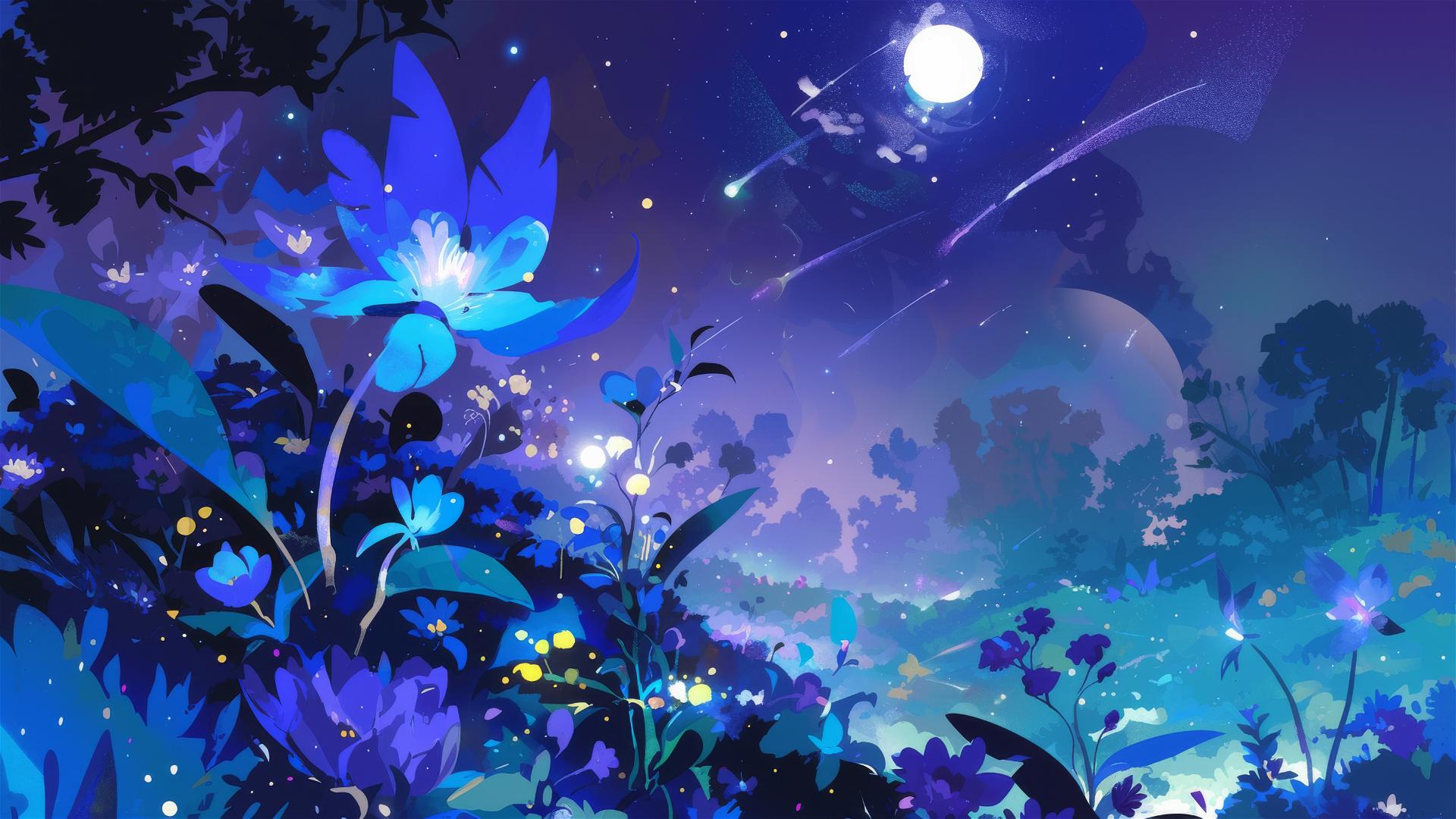 Glowing garden with comet-landed flora and nightly blooms