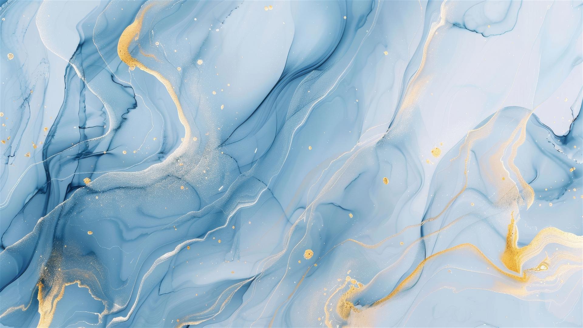 Abstract lightblue and white marble background with golden lines in a watercolor style
