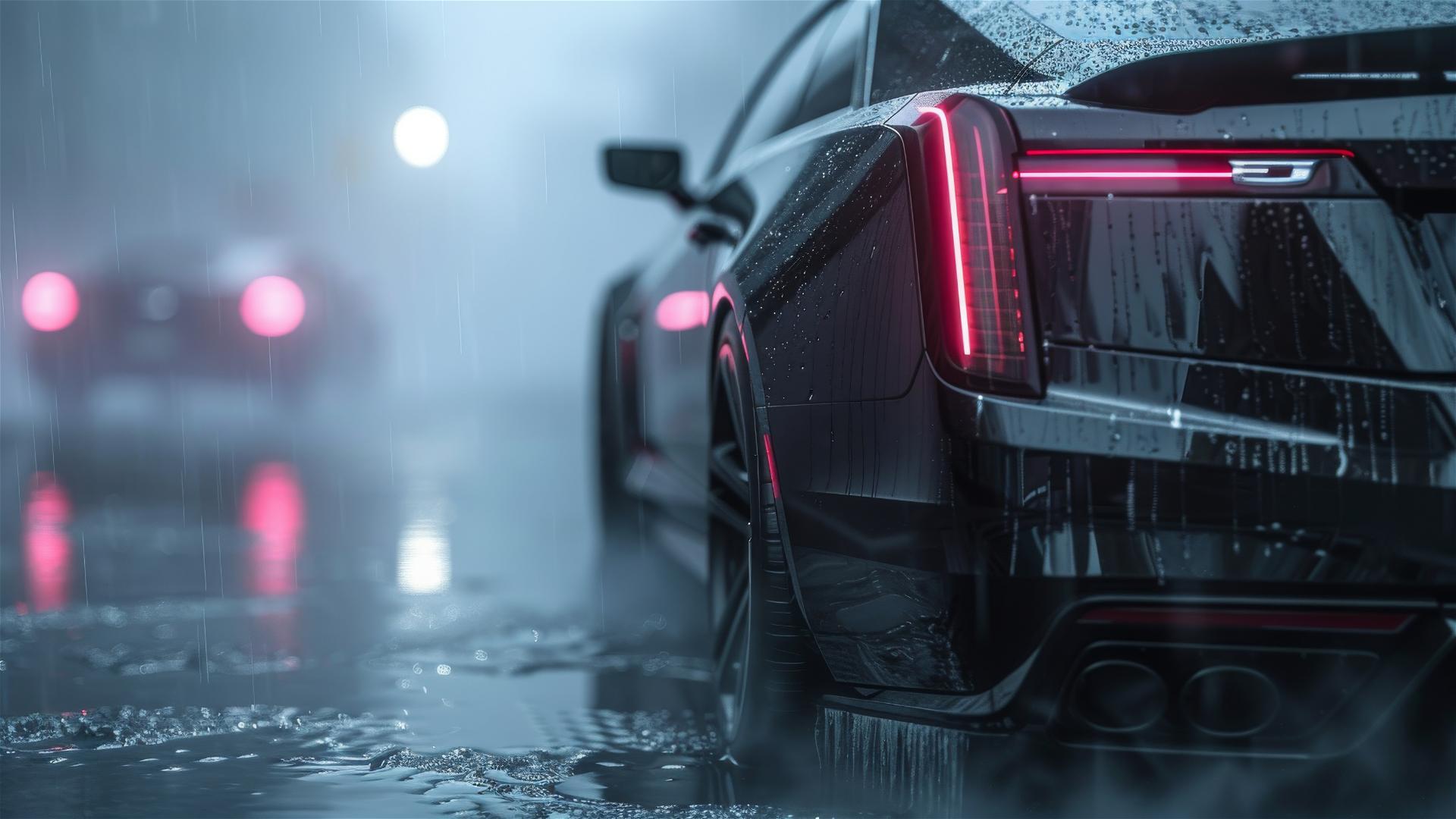 Close-up of a Cadillac CT6 in dim, foggy lighting with a gothic gloomy mood