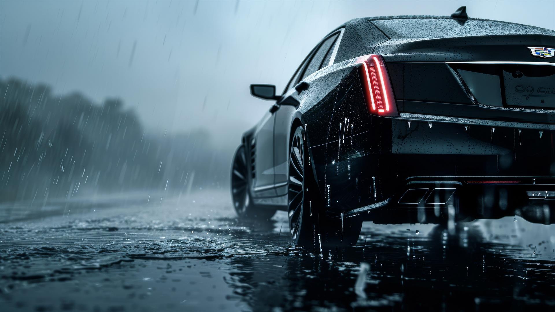 Gothic gloomy dim-lit closeup of a Cadillac CT6 in foggy photorealistic quality.