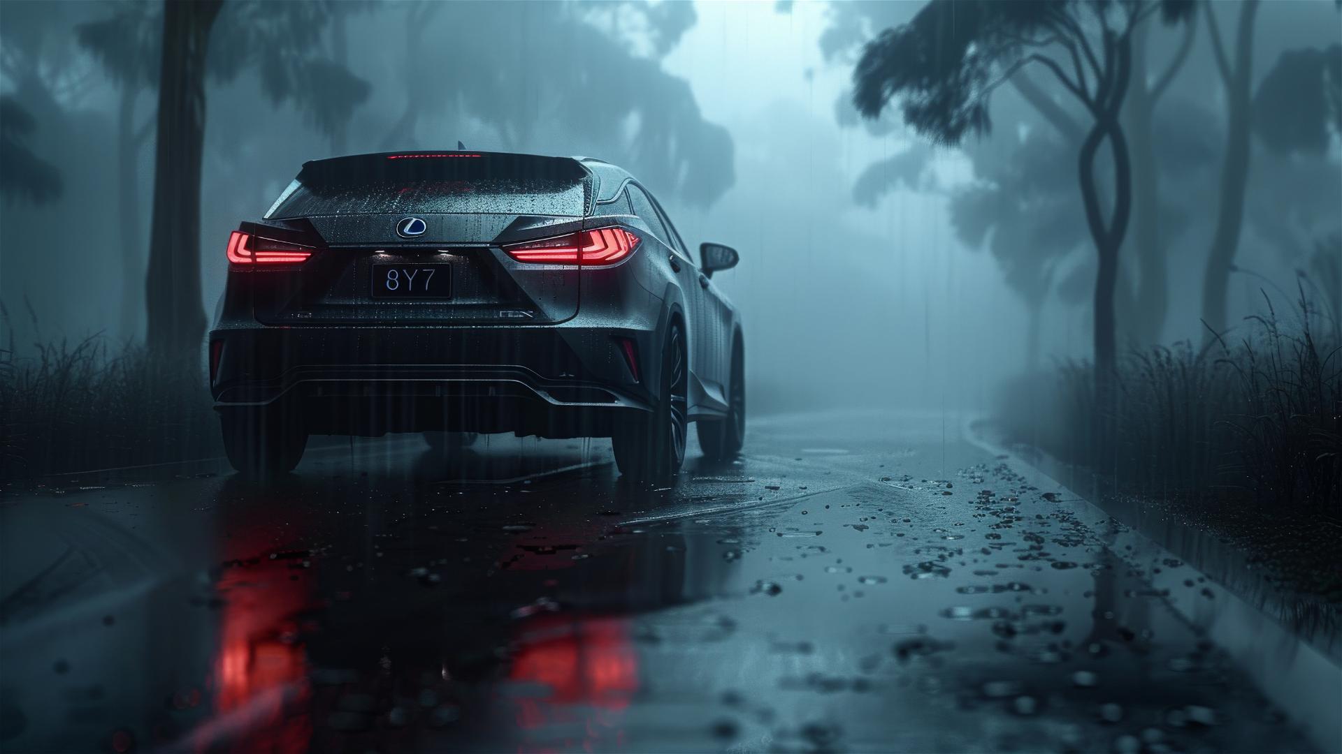 Closeup of a Lexus RX in dim, gothic-style foggy lighting
