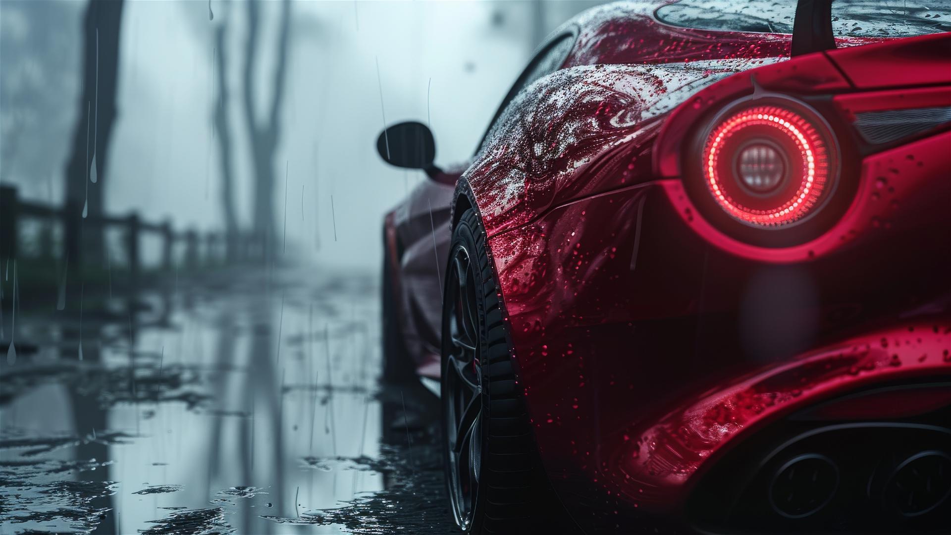 Close-up of an Alfa Romeo Giulia in dim gothic lighting with fog