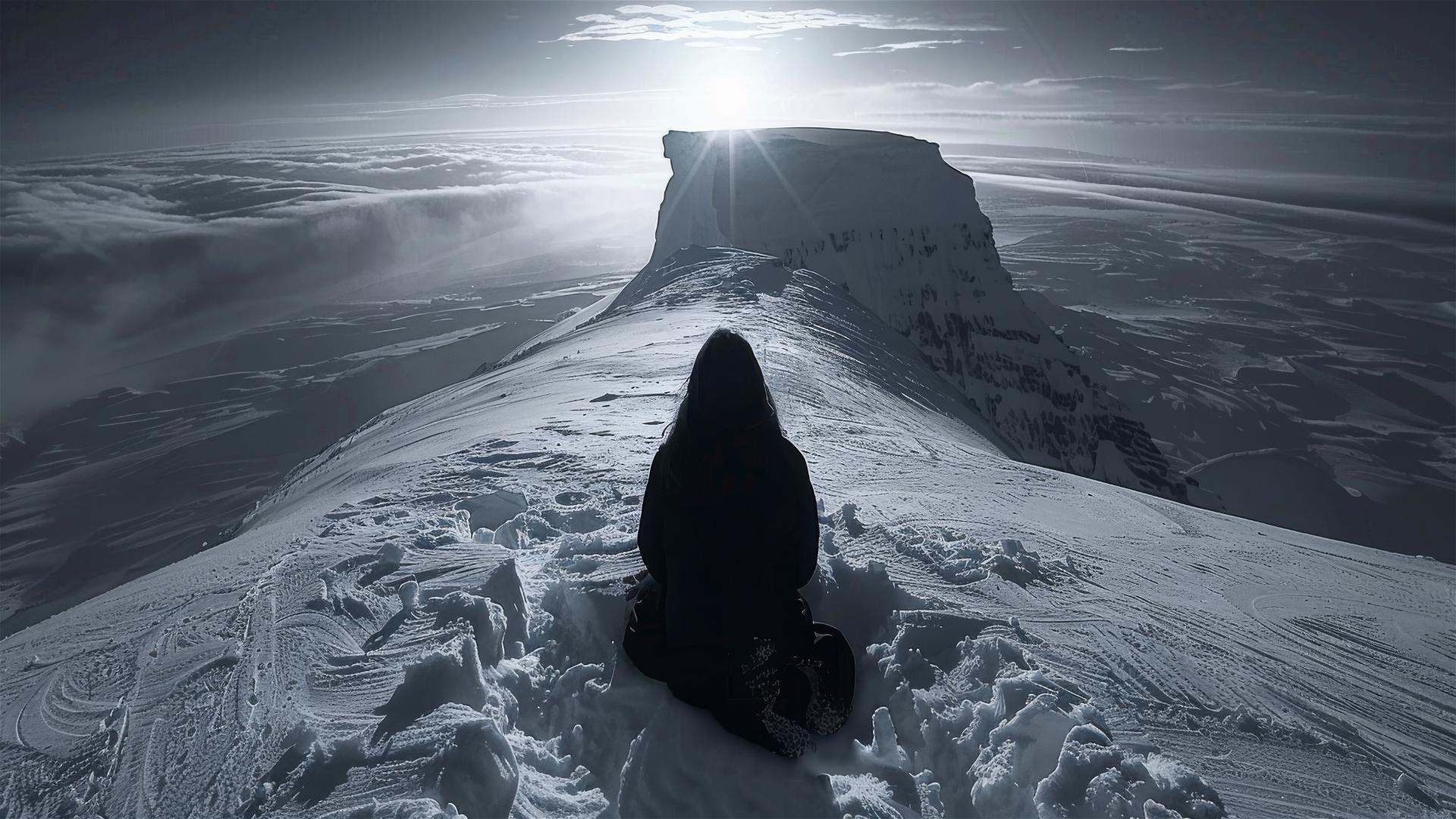 Aerial view of a dark figure in Antarctica, conveying loneliness and stillness