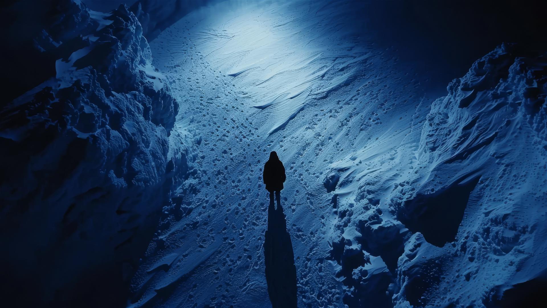 Dark figure on the ground in Antarctica viewed from above, conveying loneliness and stillness.