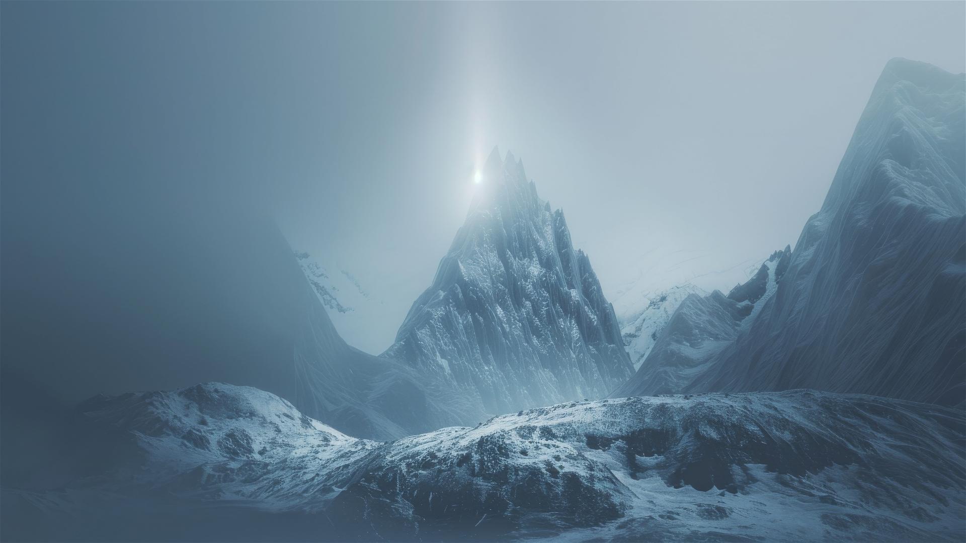 Volumetric LED light illuminating misty futuristic mountain beacon in forced perspective view
