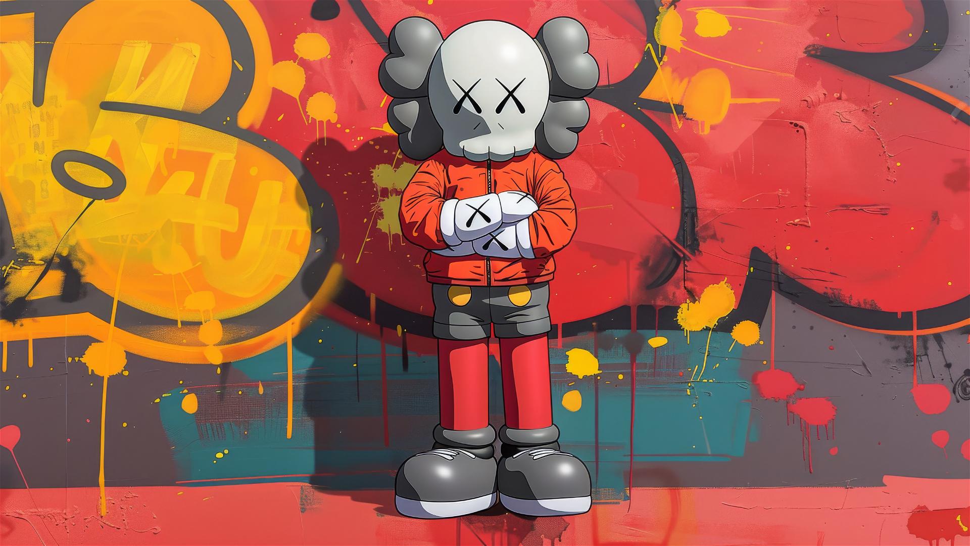 Cartoon 2D-style art featuring Nike companion Kaws with crossed arms