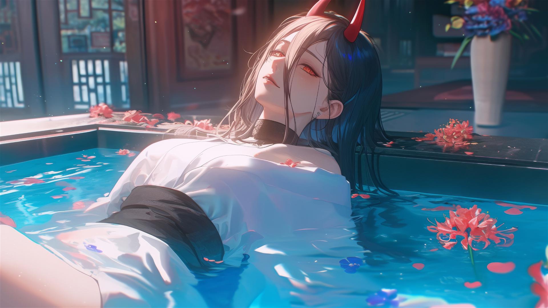 Power from Chainsaw Man in a tub of flowers at a Chinese spa