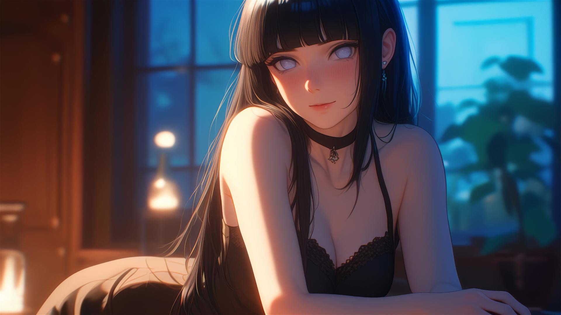 Hinata Hyuga sitting in a modern hotel with warm light glowing softly on her.