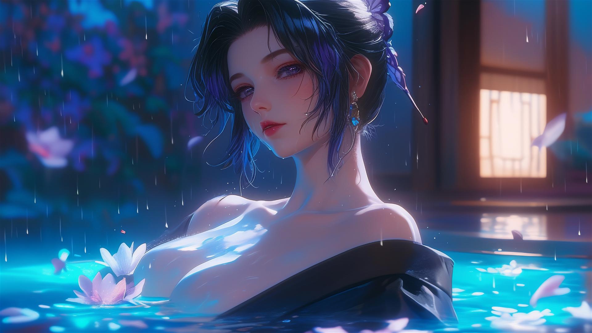 Shinobu Kocho from Demon Slayer in a tub full of flowers at a Chinese spa