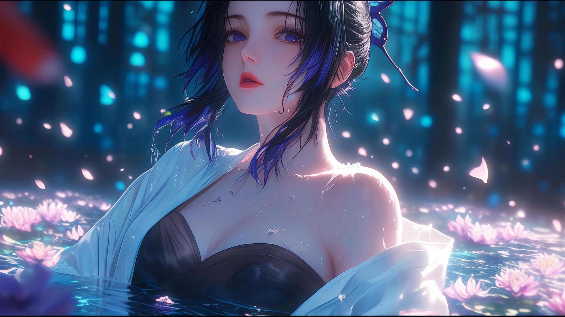 Shinobu Kocho from Demon Slayer in a tub of flowers, Chinese spa.