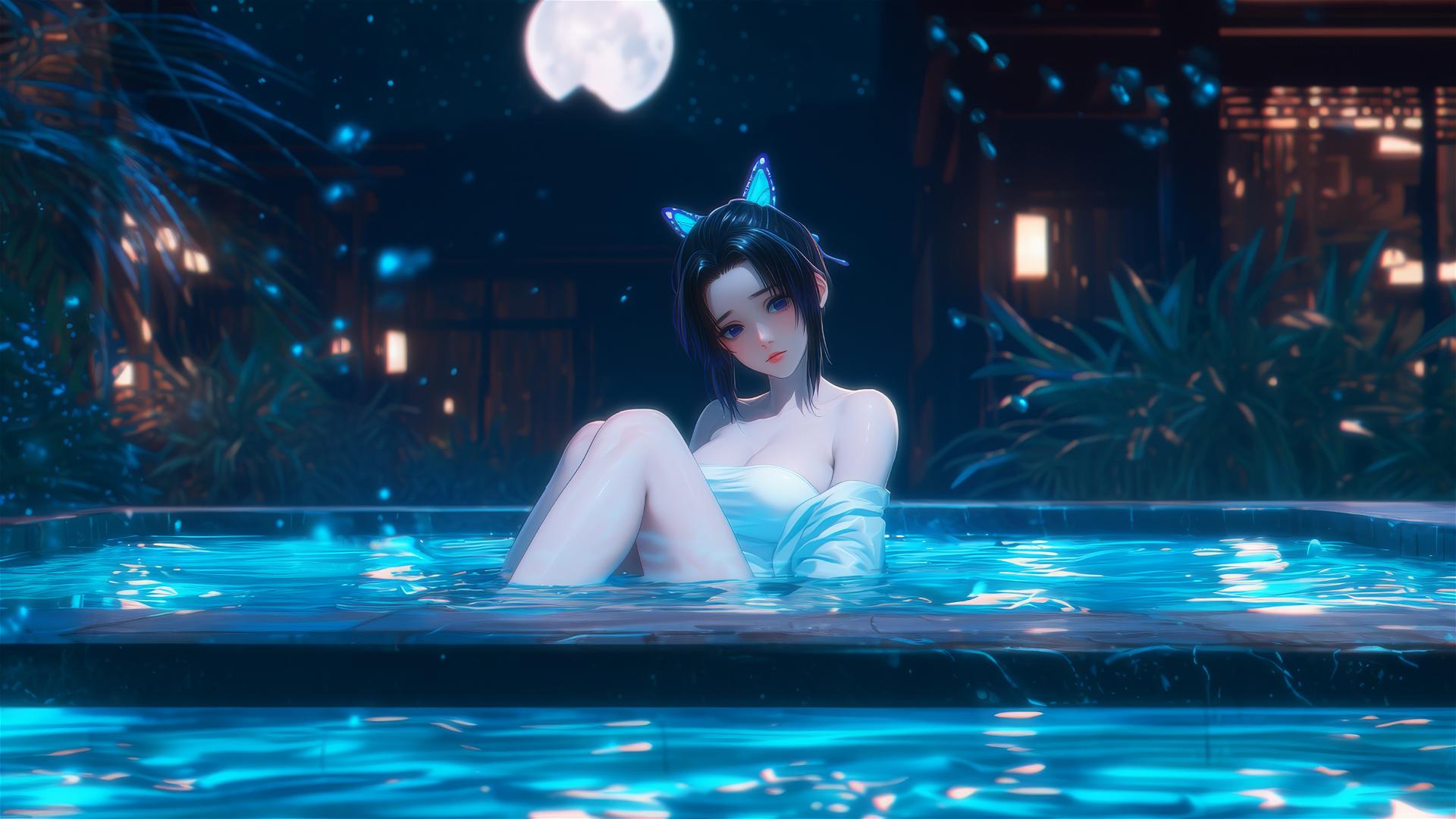 Shinobu Kocho from Demon Slayer resting in a tub under soft moonlight.
