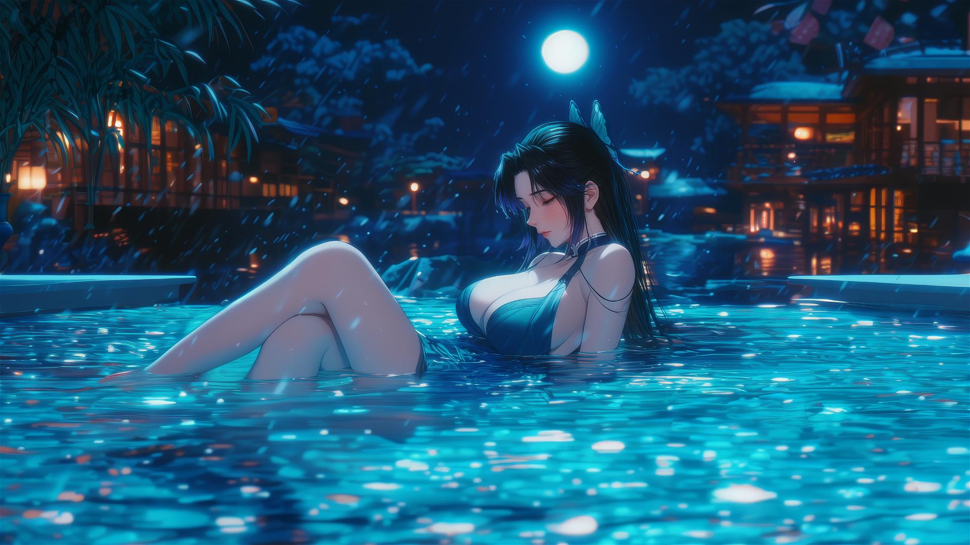 Shinobu Kocho from Demon Slayer rests in a tub, moonlight softly glowing on her.