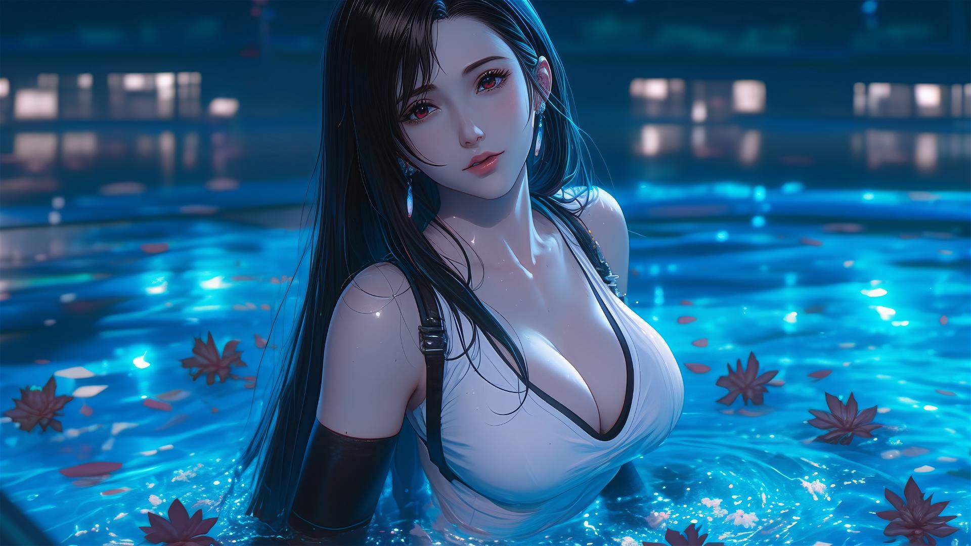 Tifa Lockhart in a tub filled with flowers at a Chinese spa