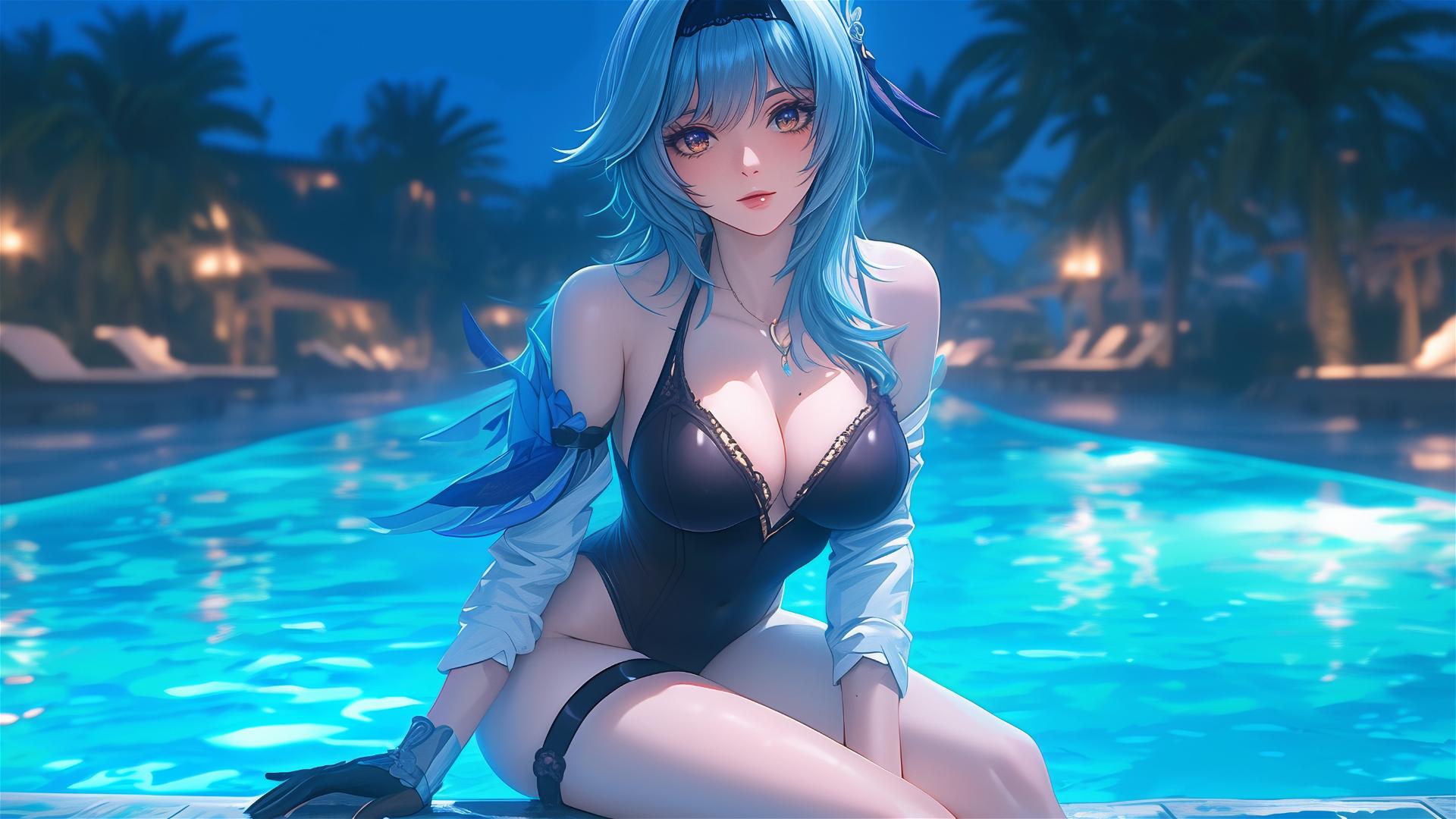 Eula Lawrence from Genshin Impact resting by the swimming pool under moonlight.