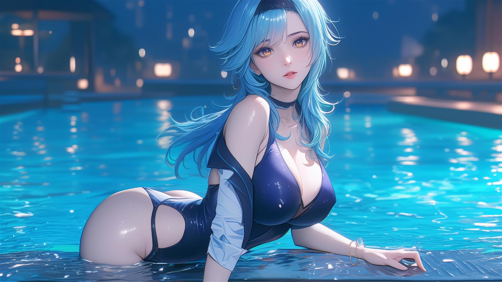Eula Lawrence resting by the swimming pool under moonlight