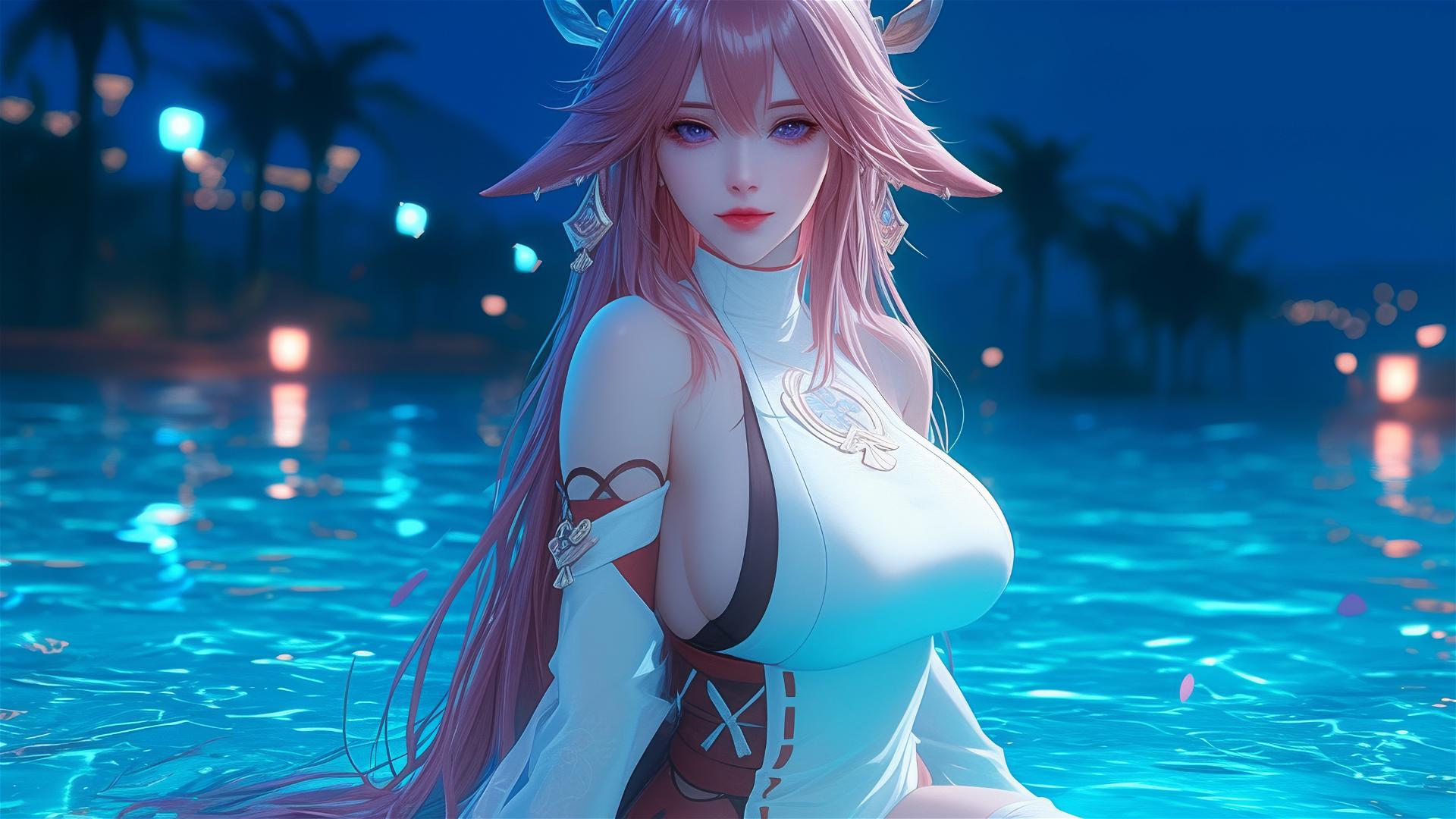 Yae Miko from Genshin Impact resting by swimming pool under moonlight