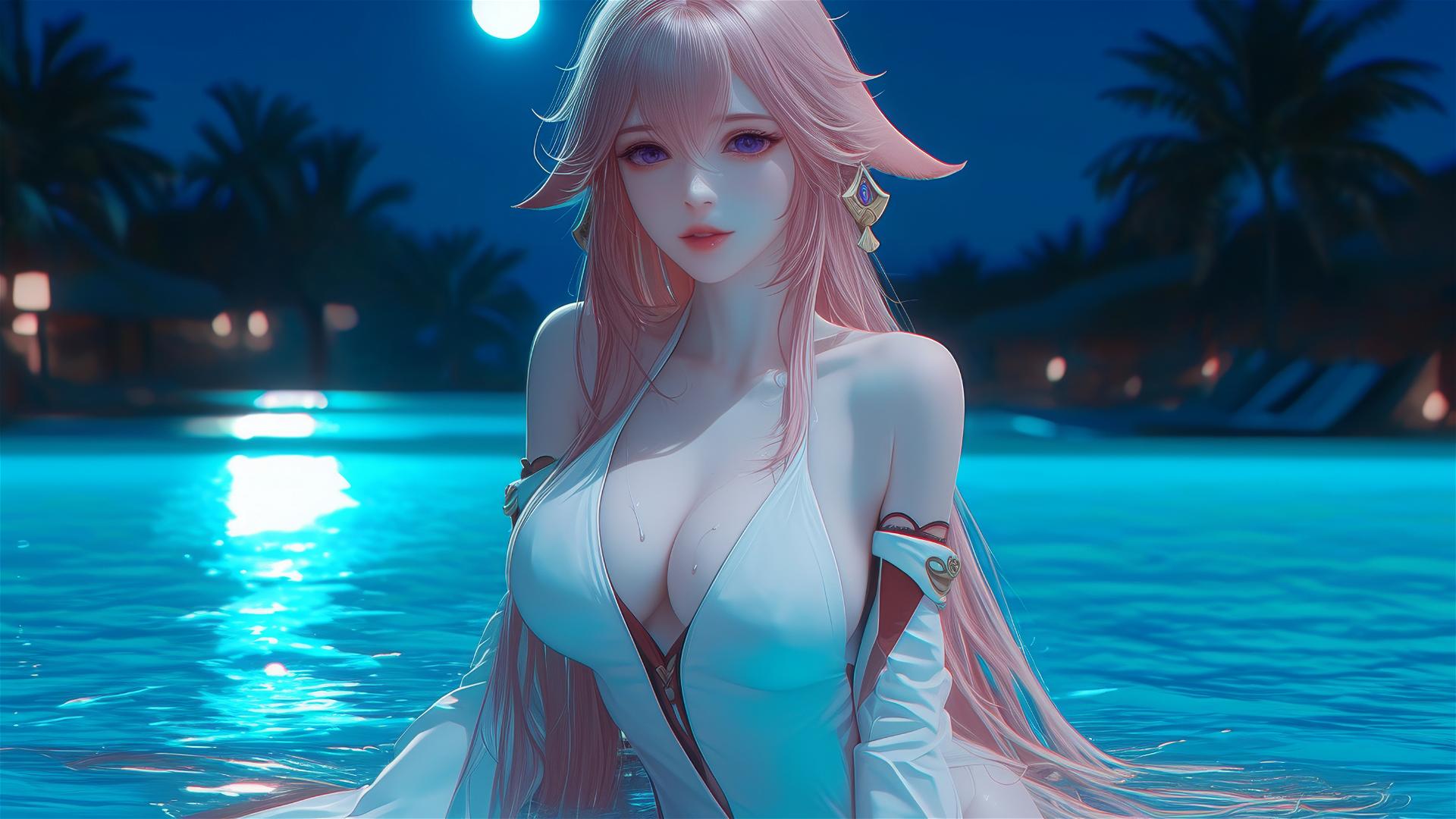 Yae Miko from Genshin Impact resting by the pool under moonlight