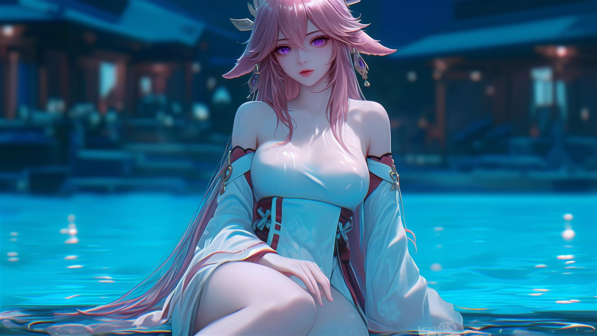 Yae Miko from Genshin Impact relaxing at a swimming pool under moonlight