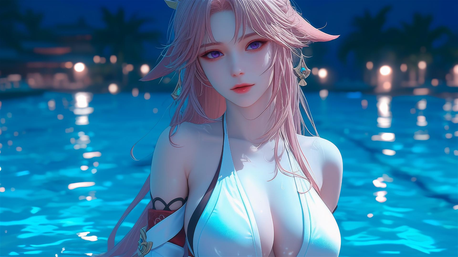 Yae Miko from Genshin Impact resting by a moonlit pool
