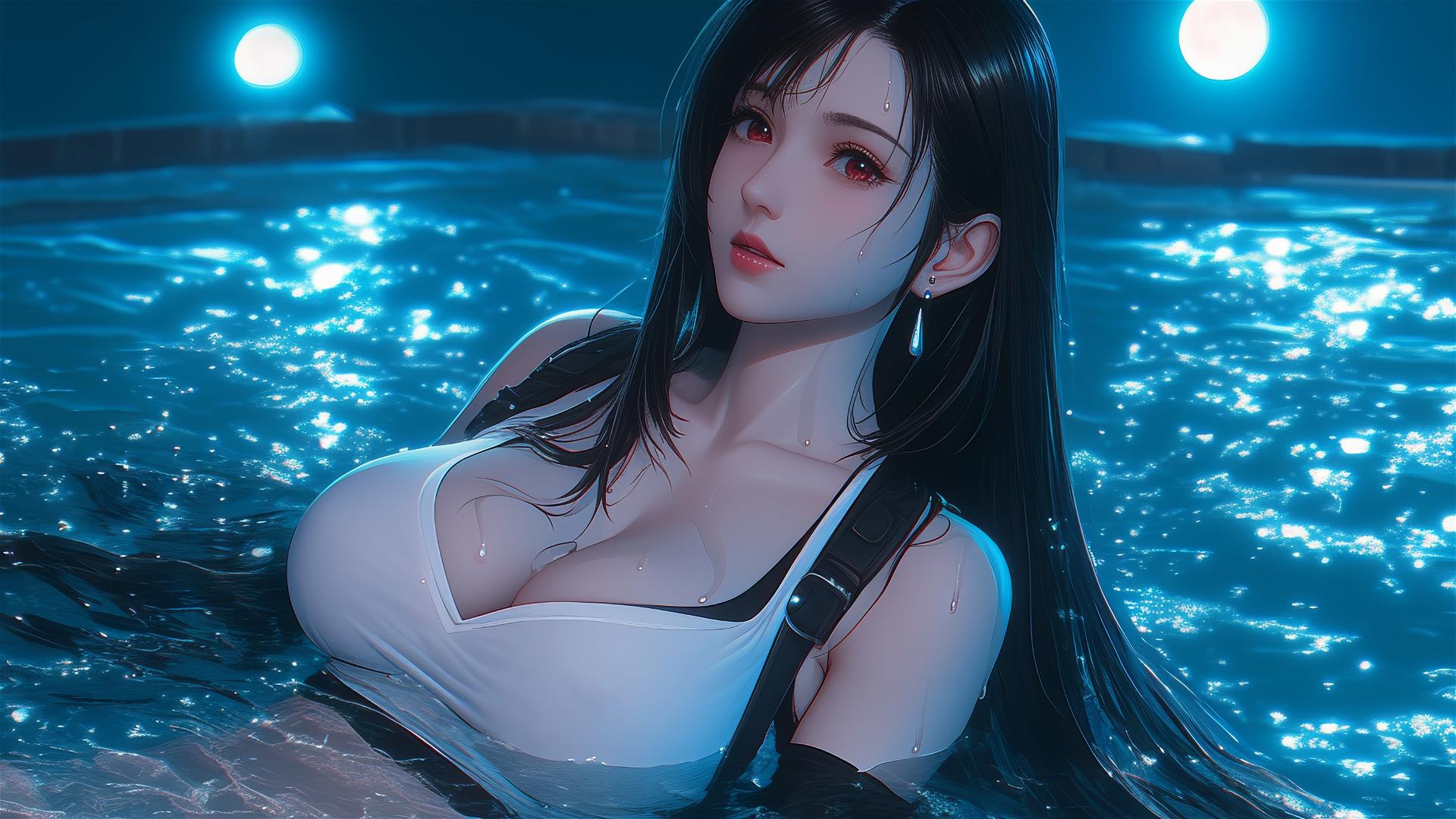 Tifa Lockhart resting in a tub under moonlight