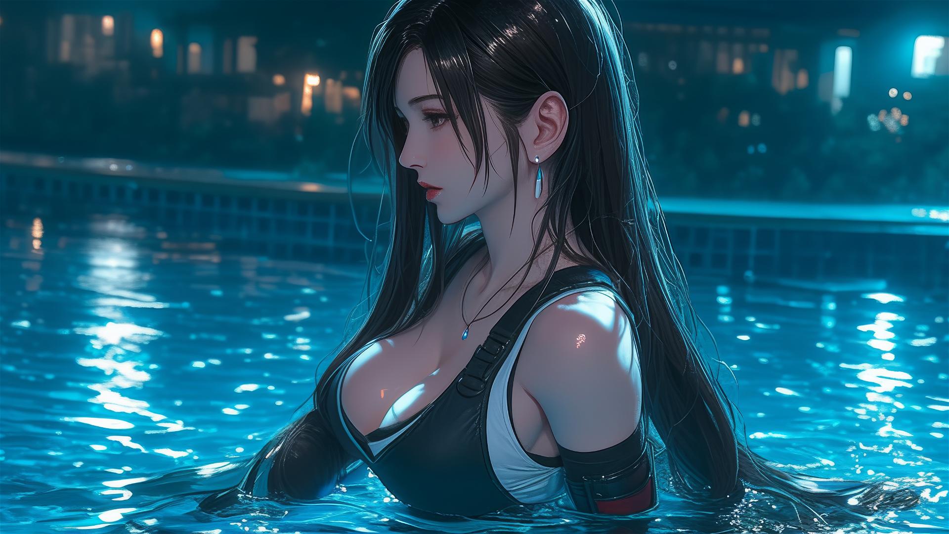 Tifa Lockhart resting by a moonlit swimming pool