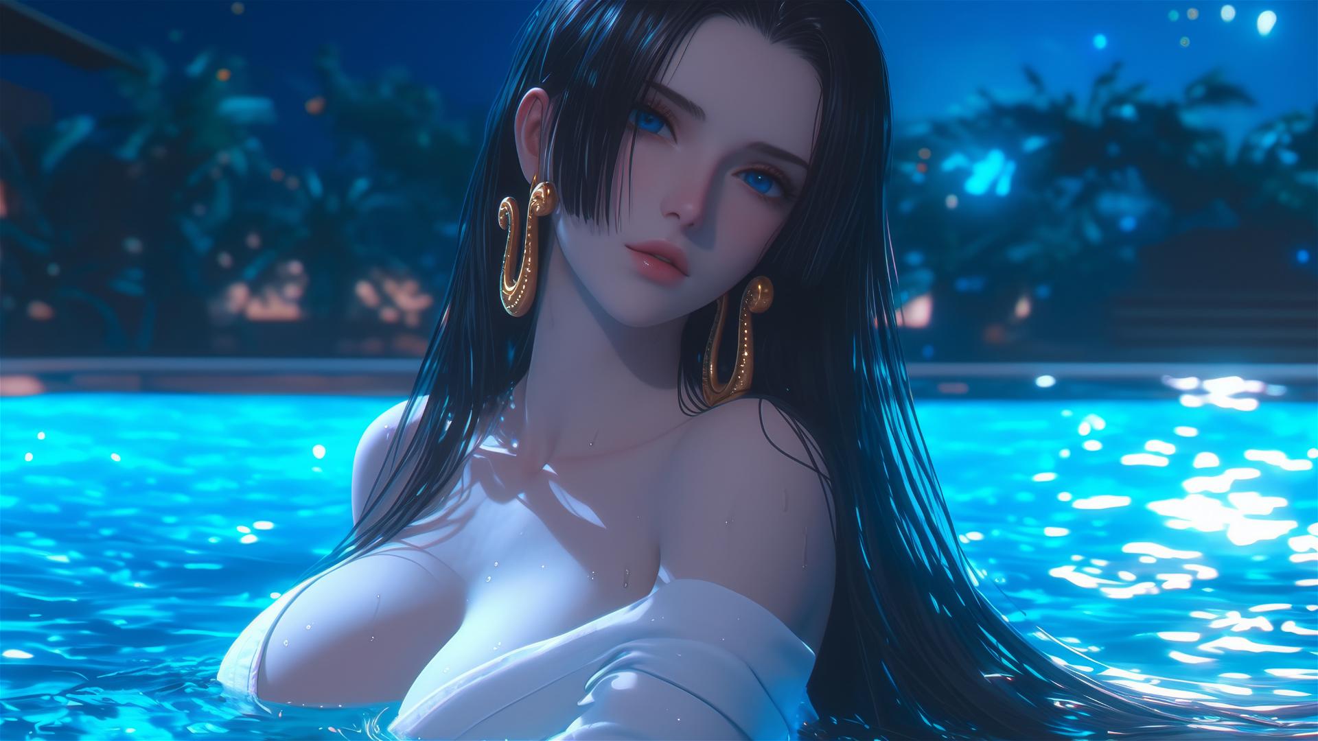 Boa Hancock from One Piece resting in a tub with moonlight glowing on her.