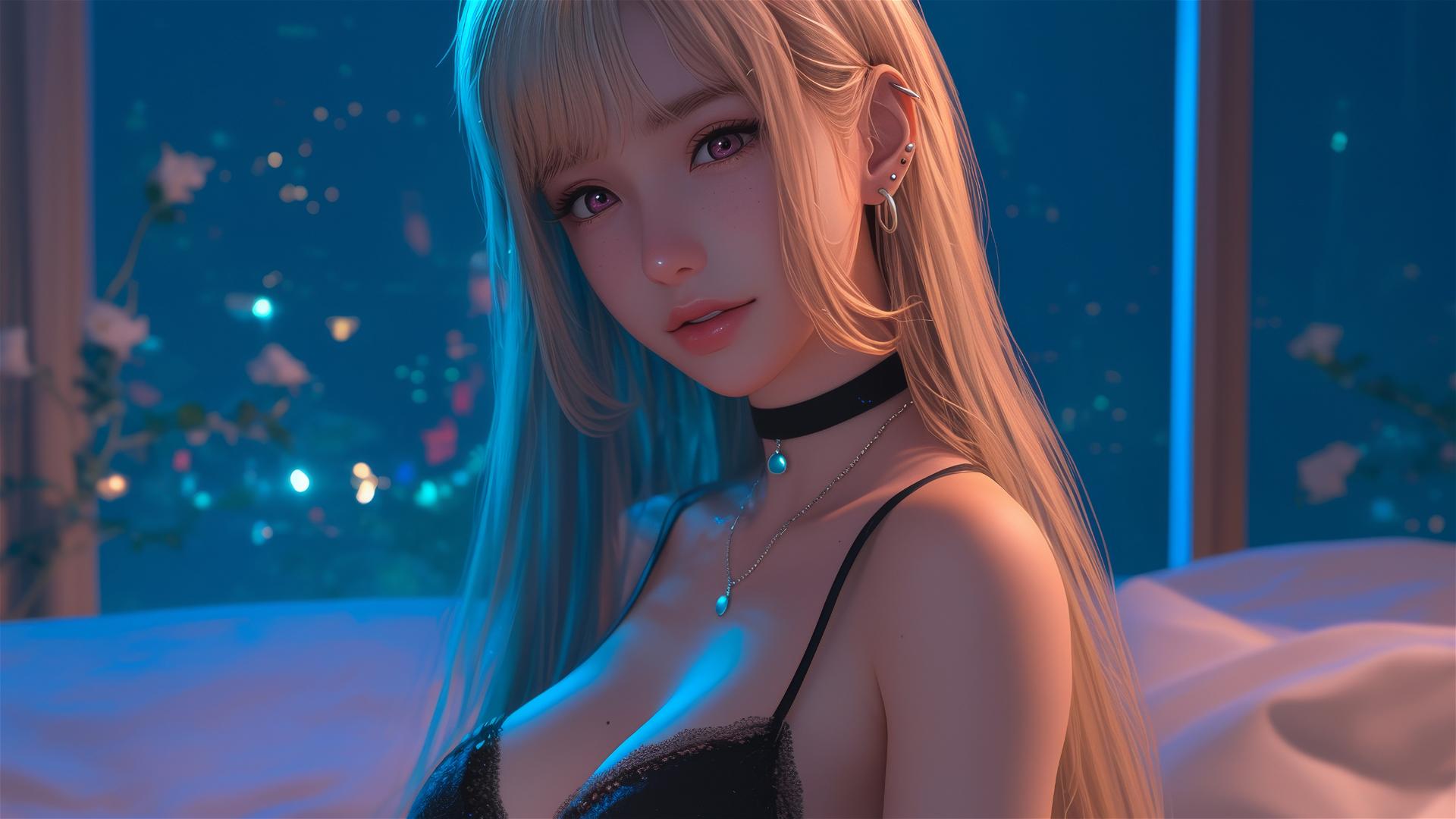 Marin Kitagawa sitting on a hotel bed in moonlight